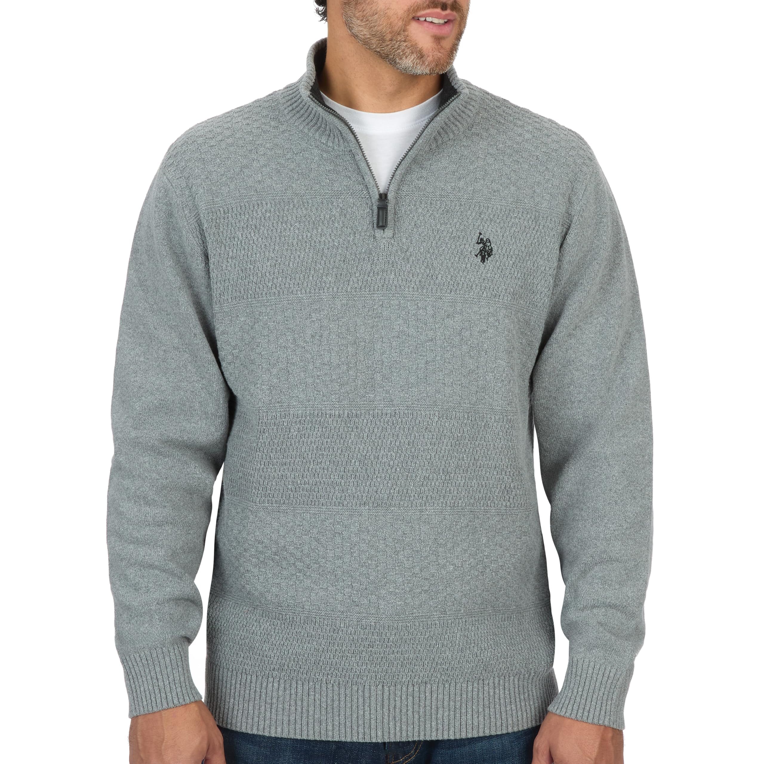 U.S. POLO ASSN. Mens Solid Texture Chest Stripe 1/4 Zip Pullover Sweater