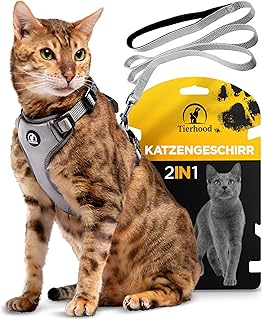 Tierhood Katzengeschirr mit Leine [Neue, LEICHTE Version] - Katzenleine mit Geschirr für Katzen und Kitten - Katzen Geschirr Set mit Leine - Kontrollierte Freiheit - Grau, Größe S product image