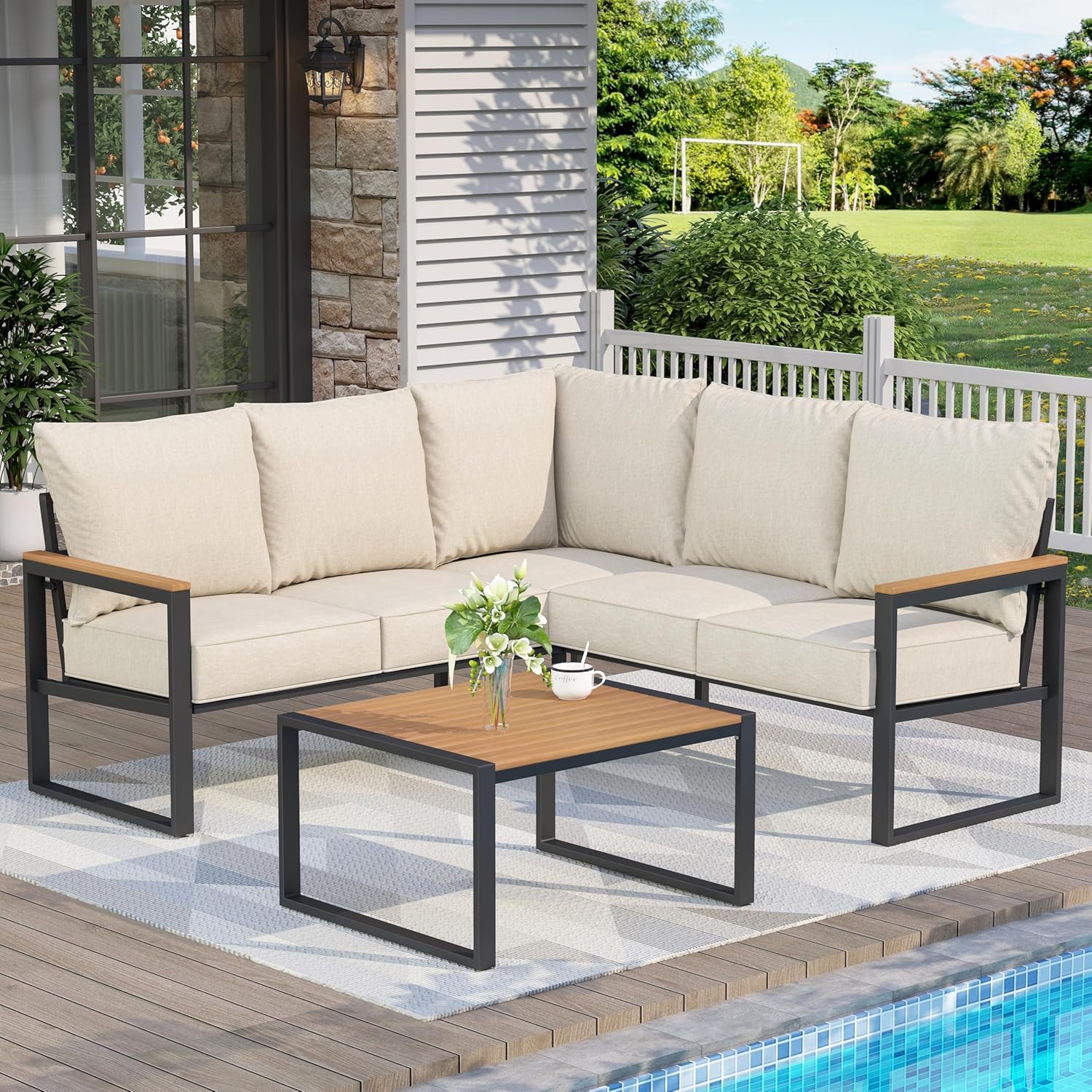 Metal Patio Furniture Set, 6 Pieces Outdoor Sectional Sofa Set with Side Table, L Shape Patio Conversation Set with Faux-Wood Tabletop, Outdoor Couch for Balcony, Porch, Backyard,Beige
