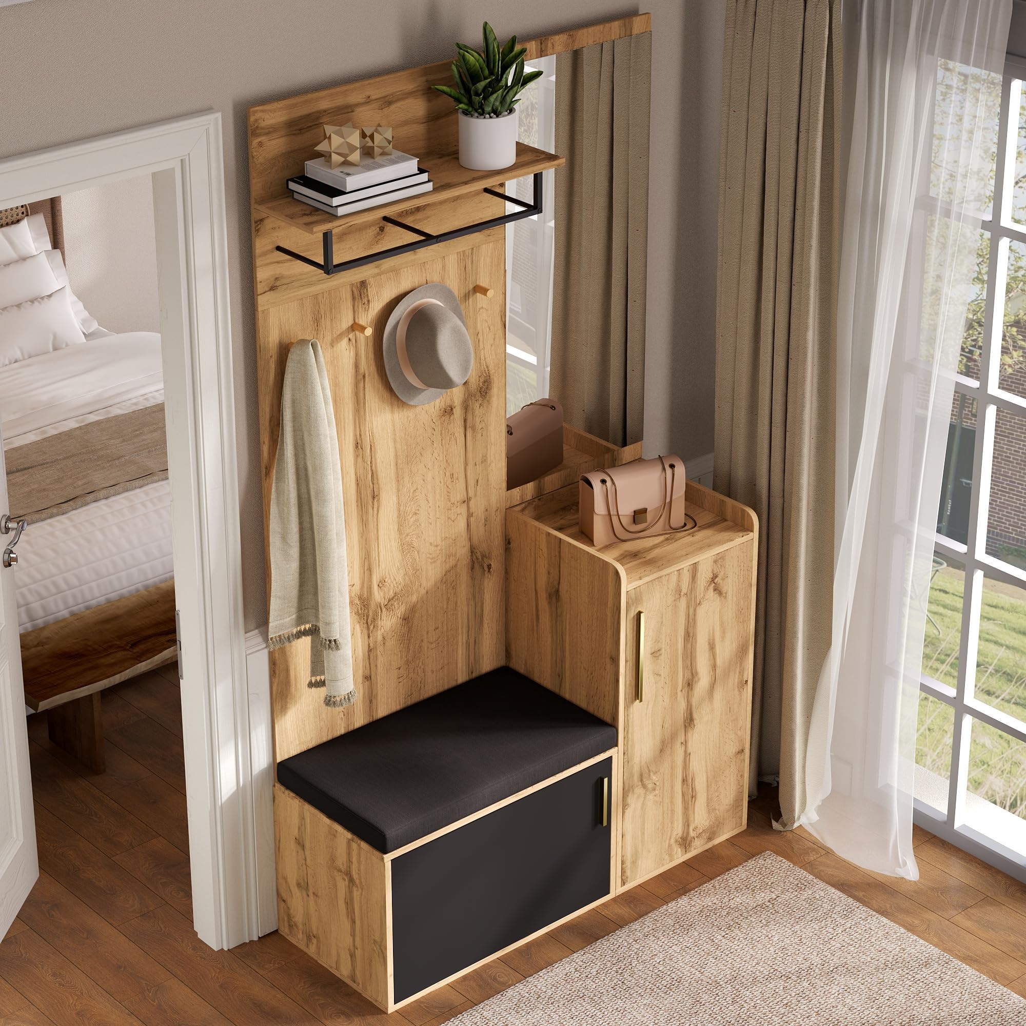 Kompaktgarderobe mit Spiegel und Sitzbank 100x38x185 cm Holzoptik Flurgarderobe Set