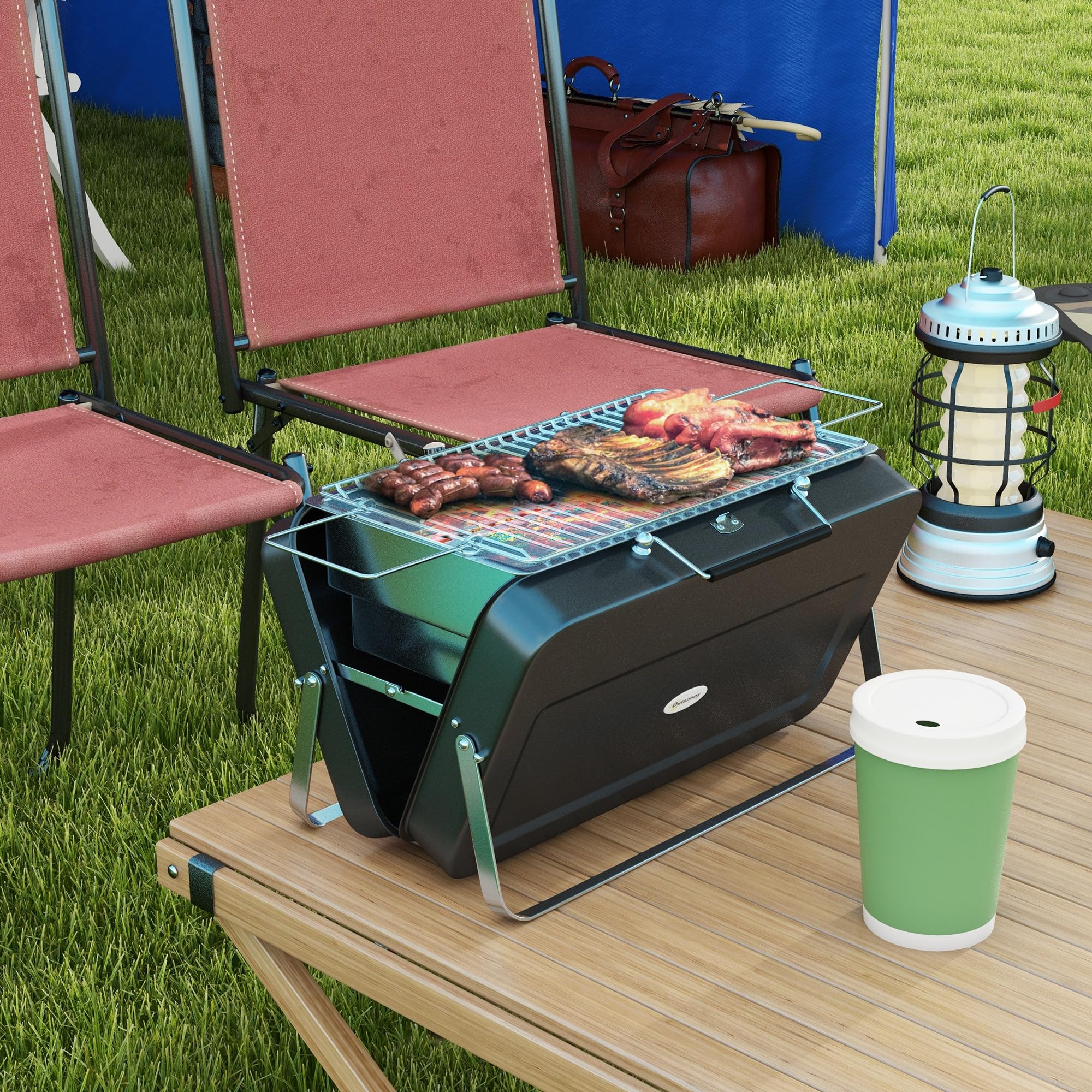 Outsunny Mini barbecue à charbon BBQ portable avec coque de valise barbecue de table pliable pour jardin, camping, pique-nique, dim. 47L x 30l x 28H cm noir
