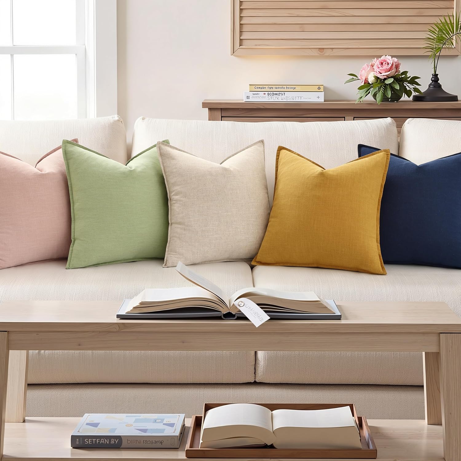 decorUhome Spring Decorative Linen Throw Pillow Covers 20x20 Inch Set of 2 Natural Beige Pillow Covers with Flange Edges Soft Farmhouse Boho Accent Pillow Cases for Couch Bed Living Room - Image 4