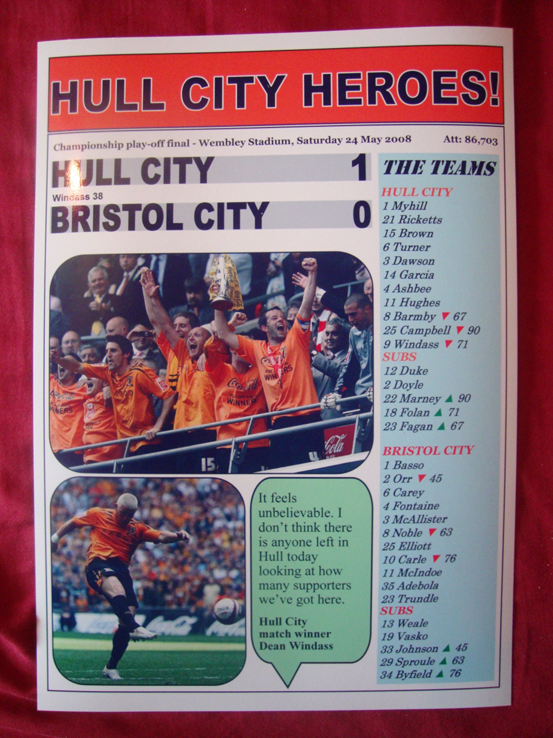 Lilywhite Multimedia Hull City 1 Bristol City 0 - 2008 Championship Play-Off Final - Souvenir Print