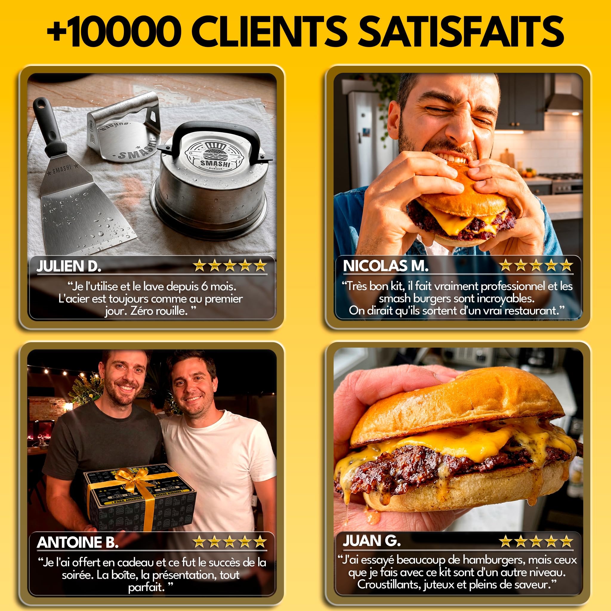SMASHI® Smash Burger Kit de pièces Professionnelles en Acier Inoxydable 304 certifié EU Contact Alimentaire | Presse Smash Burger Anti-adhésif | Le véritable kit Smash Burger (Professionnel)