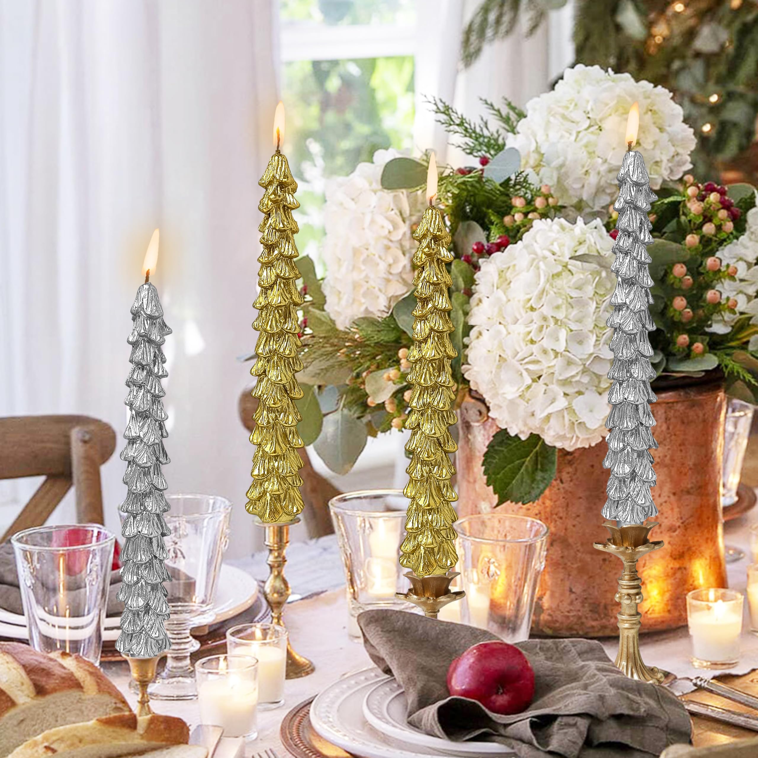 Lot de 4 bougies coniques en forme de sapin de Noël, 24 cm, non parfumées, bougies décoratives pour sapin de Noël, cadeau pour décoration de fête de Noël, doré