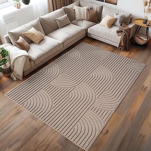 HomebyHome Teppich Läufer 60x110 cm Beige Boho Design Bouclé Schlingenflor Skand