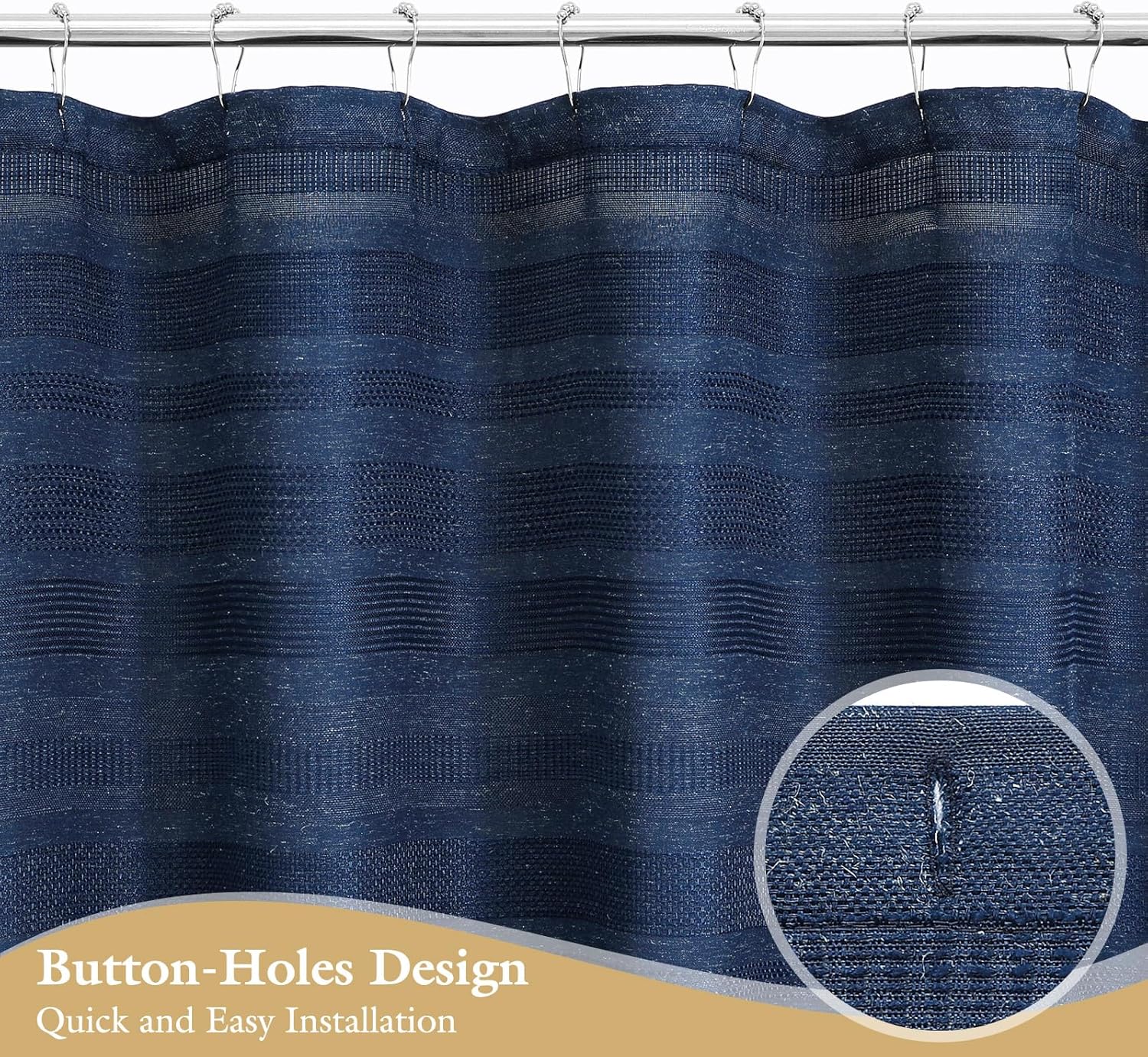 Long Boho Farmhouse Shower Curtain Set with Tassel, Linen Bohemian French Country Chic Bathroom Shower Curtain Set, Modern Striped Textured Shower Curtain 72x78 - Navy Blue