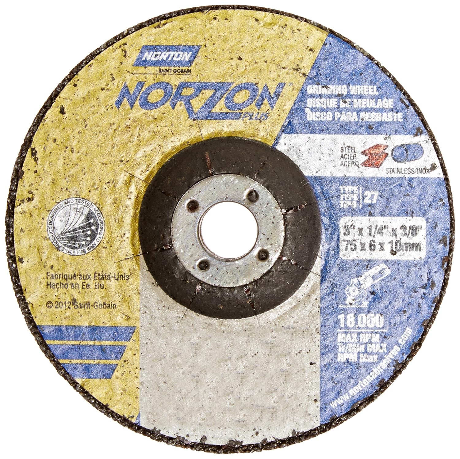 Norton Norzon Plus Depressed Center Abrasive Wheel, Type 27, Zirconia