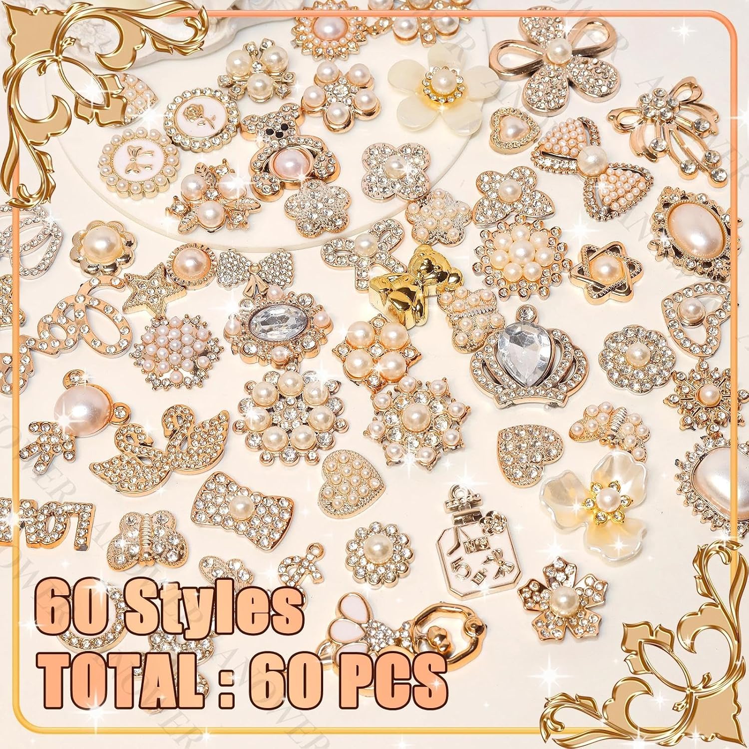 60Pcs White Gold Junk Case Charms, 3D Flatback Charms Crafts for Phone DIY | 3D bow, flower, crown, heart, butterfly, bear shapes, for phone case scrapbooking making, Kawaii decoden craft supplies