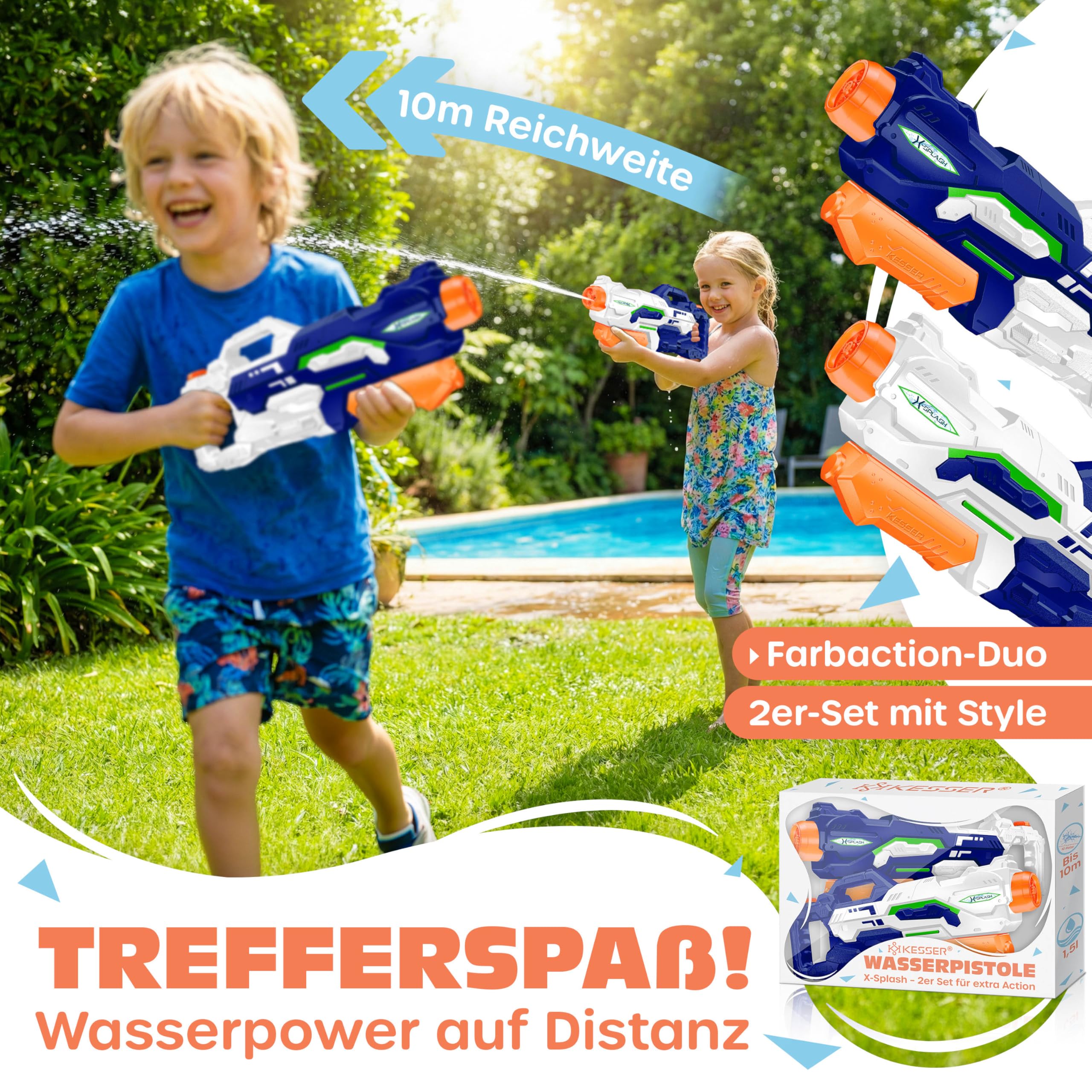 KESSER Set di 2 pistole ad acqua, pistola a spruzzo, portata 10 – 11 m, capacità 1500 ml, divertimento in acqua, giocattolo da spiaggia, per bambini e adulti