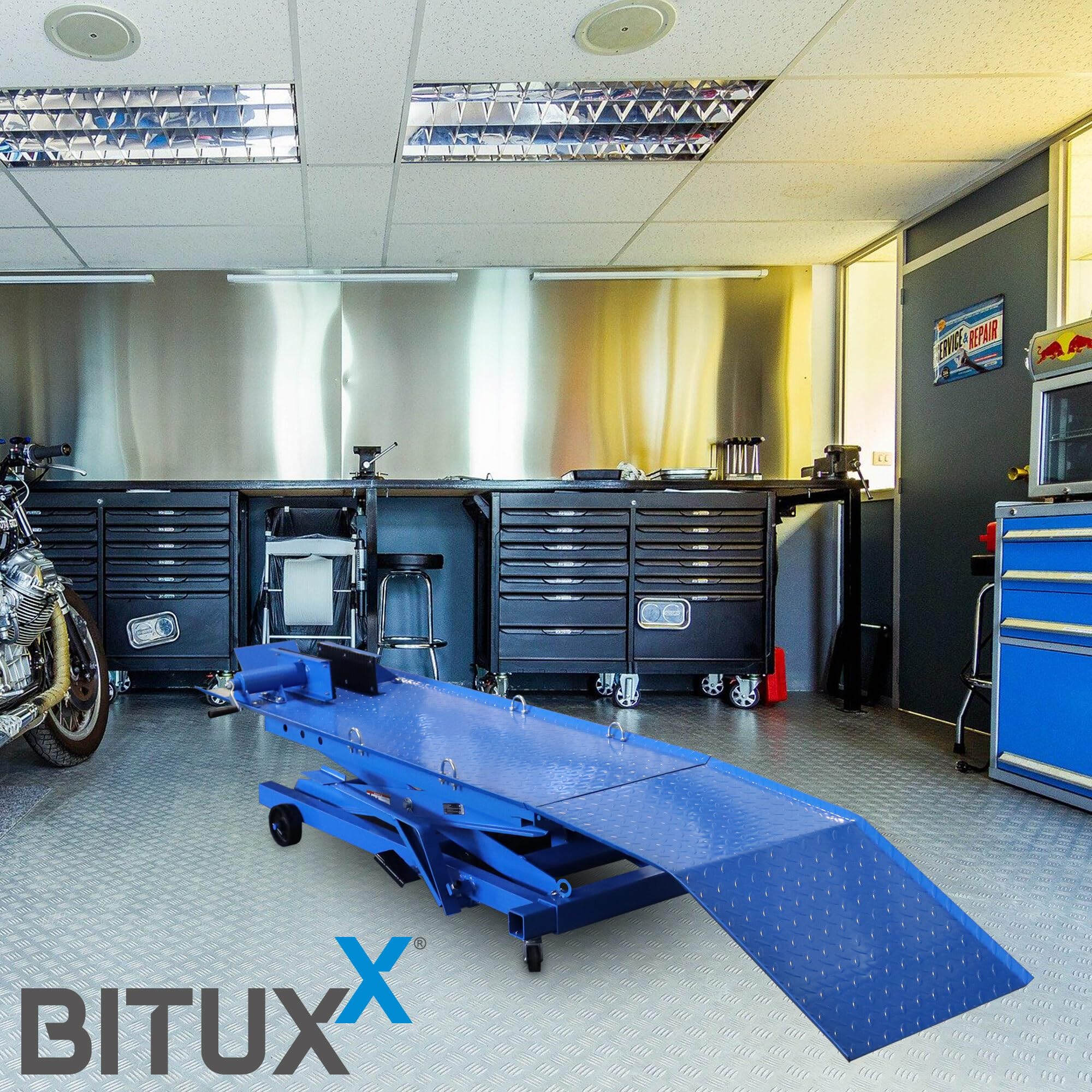 Bituxx Motorrad Scheren Hebebühne Motorradheber Motorradbühne Lift Hydraulisch mit Fußpumpe, 360 kg Belastbar, Werkstattbühne mit Radsicherung und Auffahrrampe