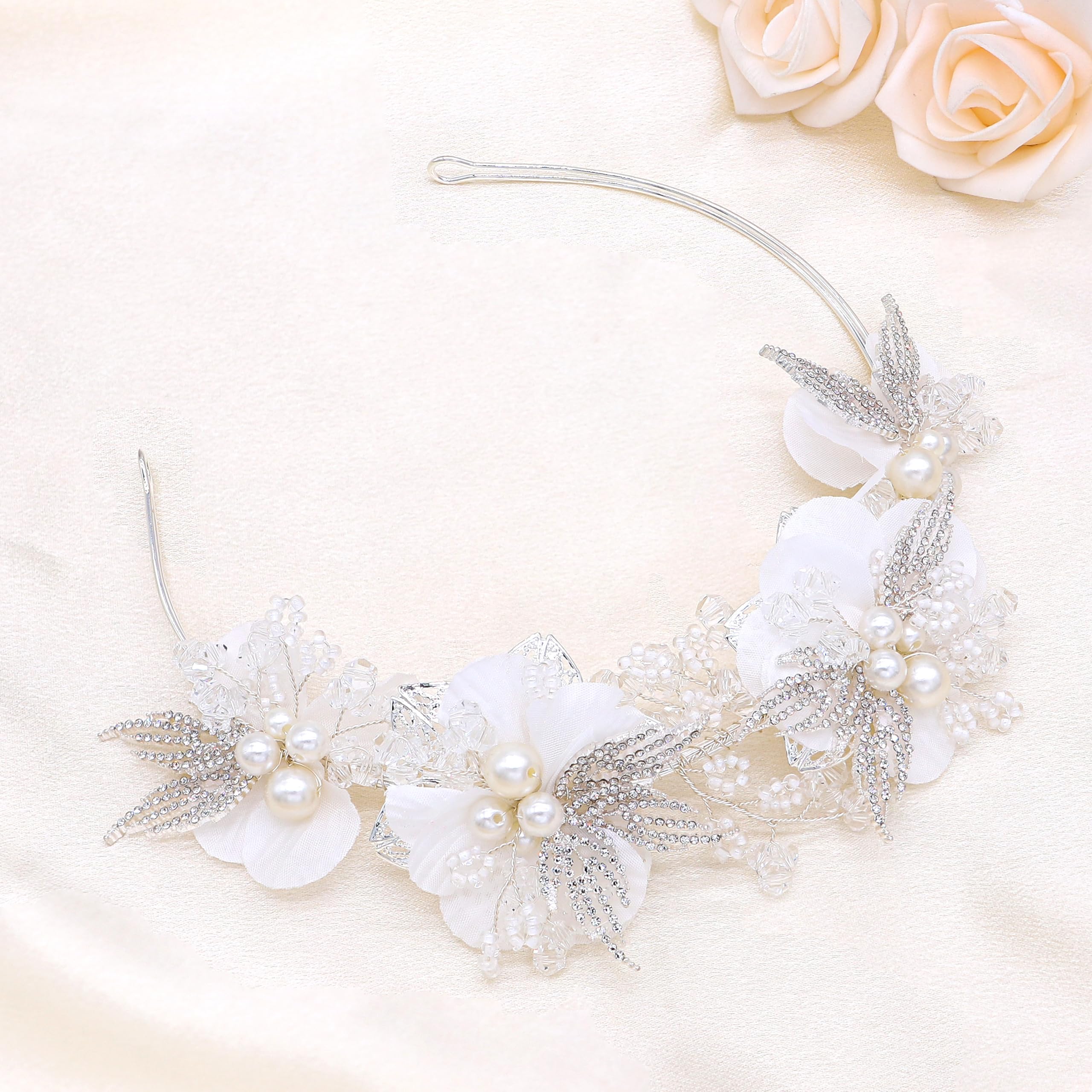 Oriamour Accessorio per capelli con fiori bianchi, per matrimonio, comunione, per ragazze, accessorio per capelli da principessa, per feste di compleanno, prima comunione, argento