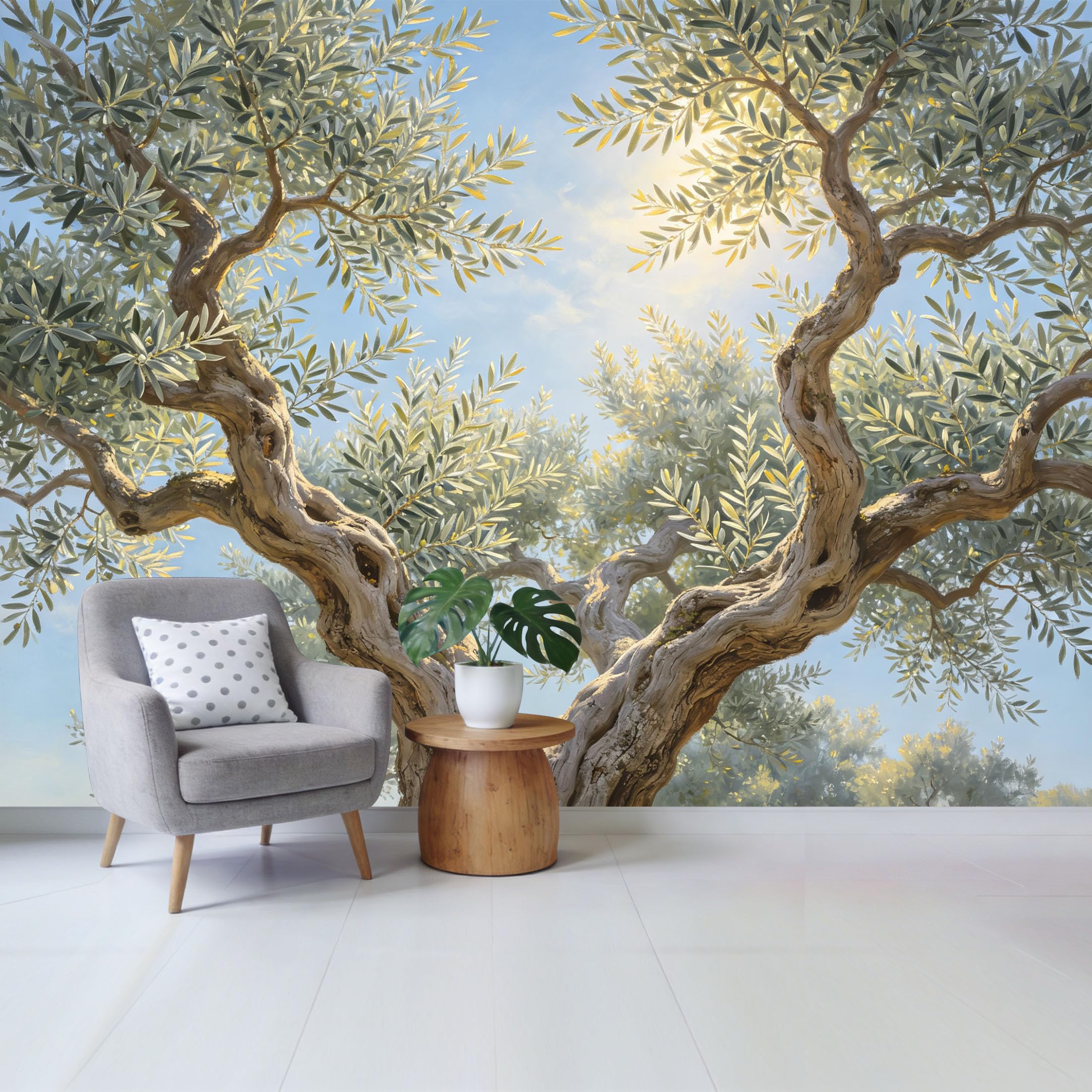 Removable Self Adhesive Fabric Mural， Mediterranean Olive Tree Custom Size Wall Covering， UV Protected Waterproof Washable Wall Decor for Living Room Bedroom Bathroom