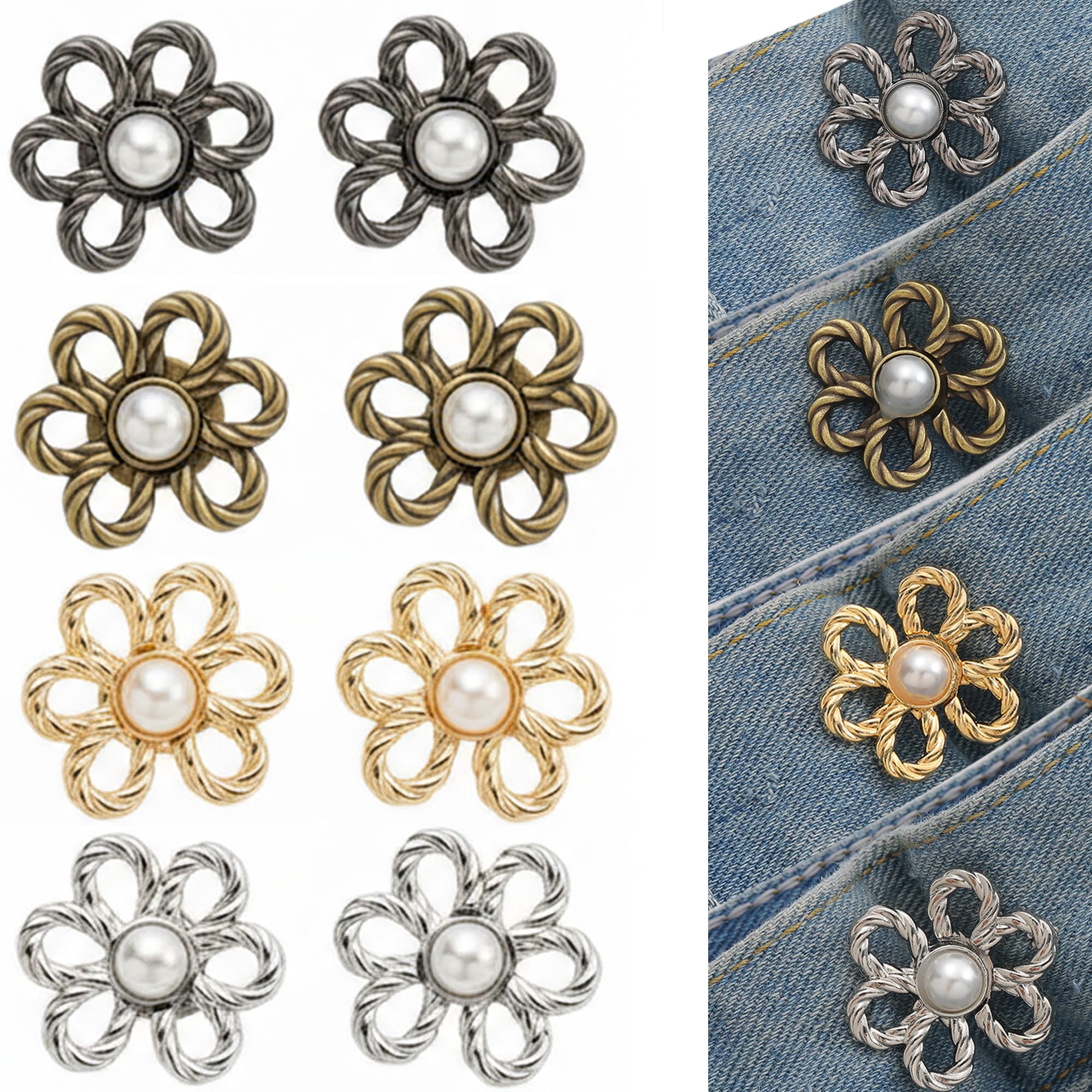 Waist Tightener Clips, Adjustable Waist Cincher Clip,No Sew Waistband Tightener Floral Design with Pearl,Reusable Metal Alloy Clip for Jeans,Trousers, Skirts,4 Sets (Silver, Gold, Gunmetal, Bronze)