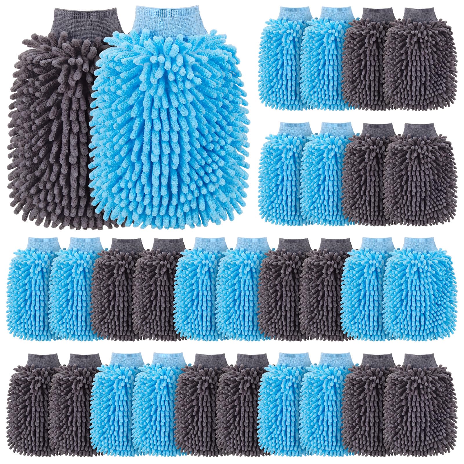 Patelai 30 Stück Autowaschhandschuhe, Mikrofaser, kratzfreie Details, Chenille, Autowaschhandschuhe, doppelseitig, saugfähig, Autoschwamm zum Waschen, Reinigen, LKWs, Boote, 24,9 x 15,9 cm (Grau, Blau