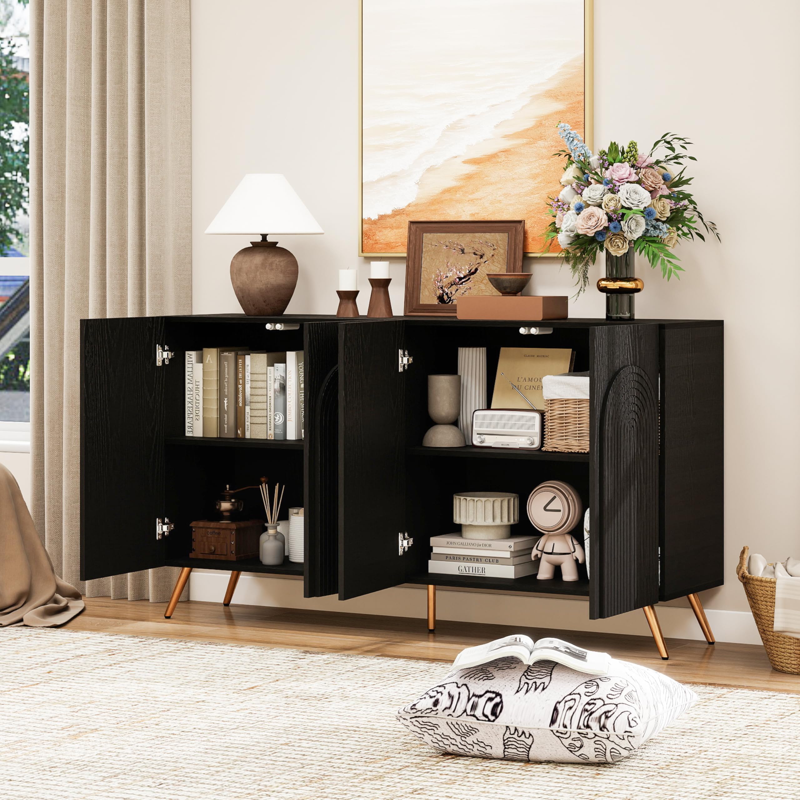 vutizal Kredens 150 cm czarny Mid-Century, rowki 3D i drzwi łukowe