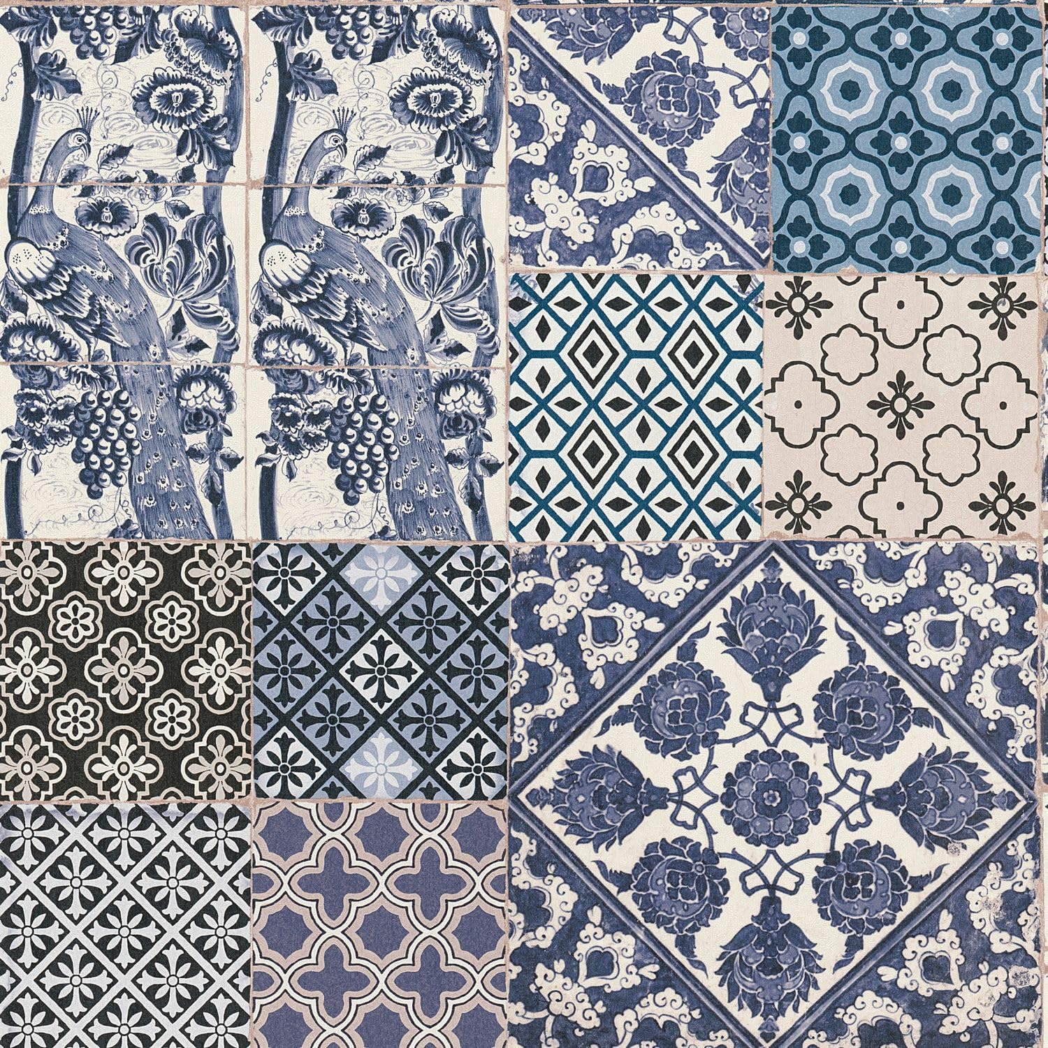 Papel pintado aspecto azulejos no tejido azul blanco-crema para decoración de paredes de casa