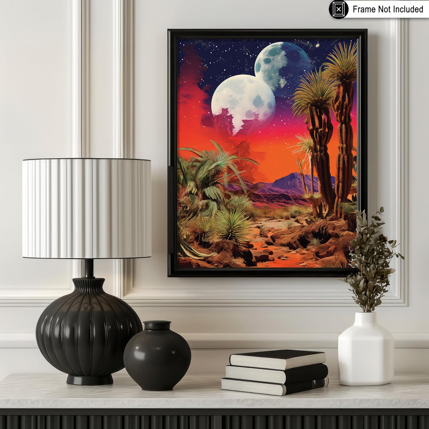 Poster Master Moon Poster - Retro Desert Print - Surreal Creative Art - Modern Style - Cactus Illustration - Lunar Artwork - Aesthetic Excellent Living Room or Office Wall Decor - 8x10 UNFRAMED
