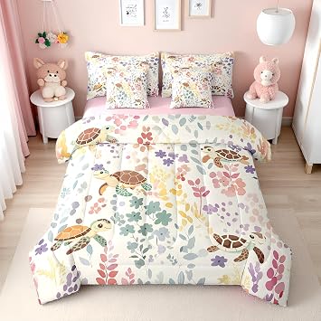 Erosebridal 7Pcs Sea Turtle Flower Twin Bedding Set with Sheets,Sea Animal Ocean Life Comforter Set for Kids Girls Boys,Multicolor Floral Bed in a Bag with Fitted Sheet,Flat Sheet,Pillowcases