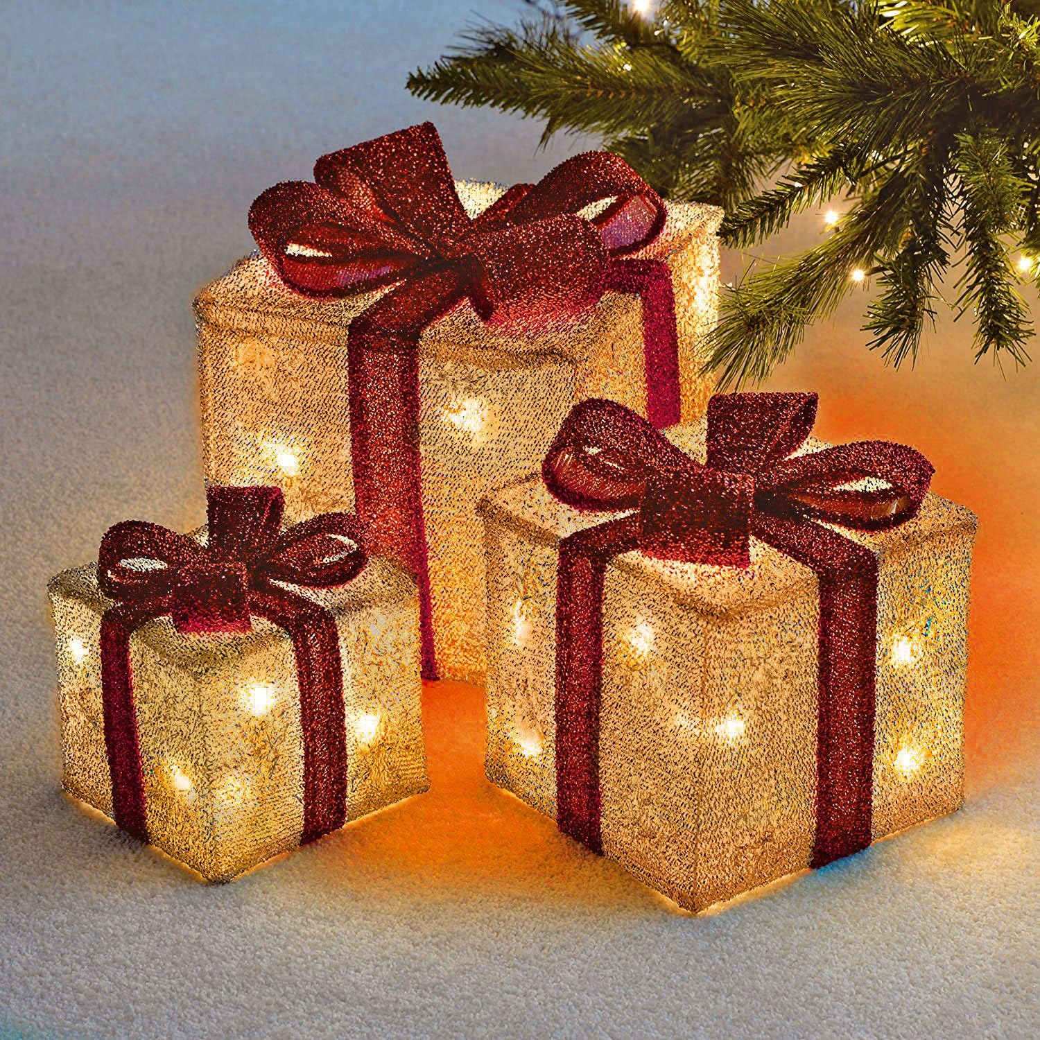Set of 3 LED Light Up Decorative Coloured Christmas Parcel Set with Bow Indoor Outdoor Decoration Xmas Lights (Cream & Red)