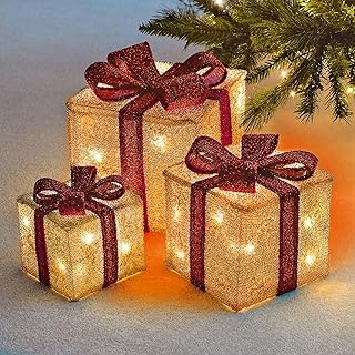 Sentik® Set of 3 LED Light Up Decorative Coloured Christmas Parcel Set with Bow Indoor Outdoor Decoration Xmas Lights (Cream & Red)