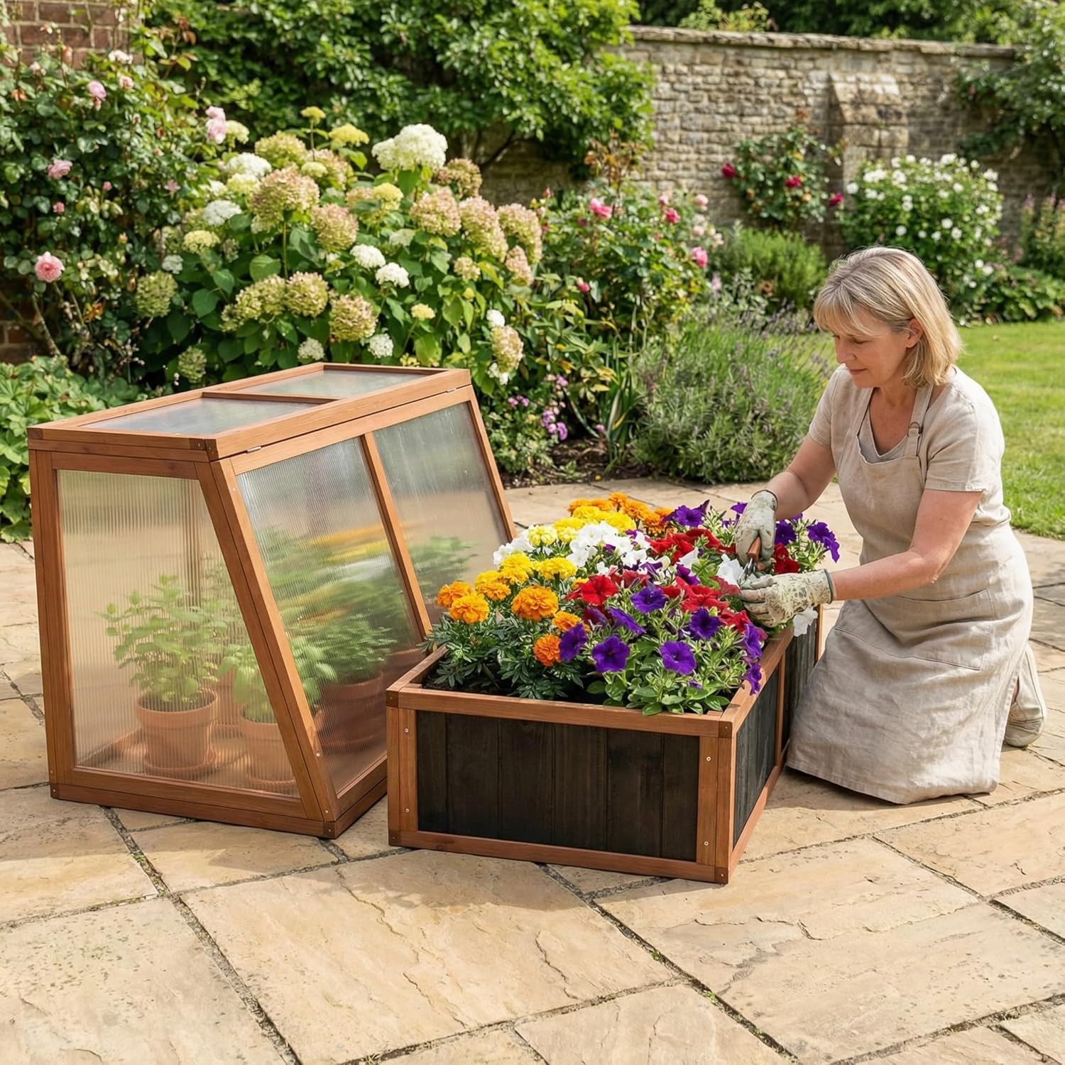 Wooden Cold Frame Greenhouse, Garden Solid Wood Greenhouse Cabinet with Transparent Flip, Raised Flower Plants Shelf Protection for Outdoor Indoor, One Divides Into Two, Brown