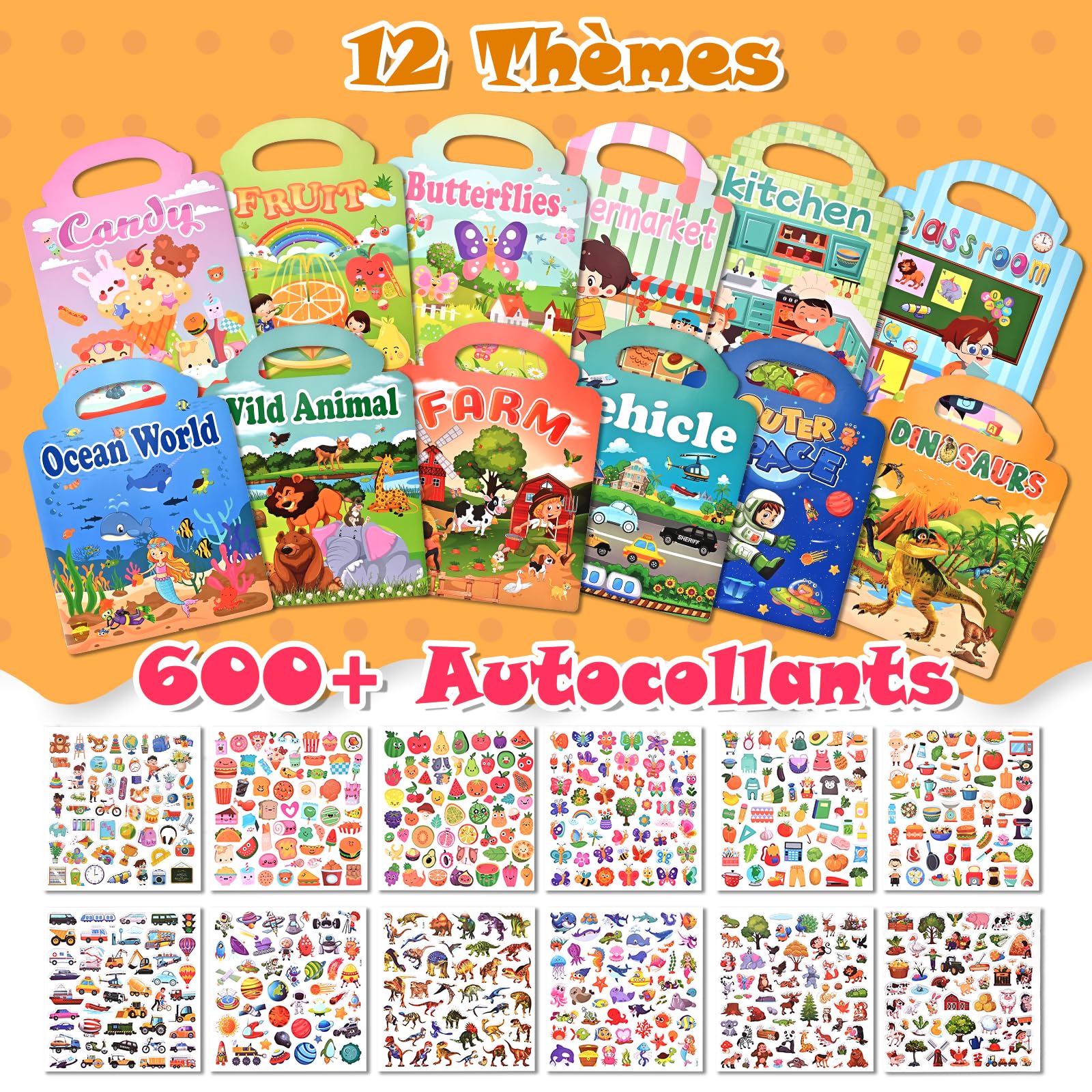 GOLDGE 12 Stickers Book, Libri Adesivi Bambini Attacca e Stacca — Trasporto, Animali, Fattoria, Spazio, Mare, Supermercato, Cucina, Scuola, ecc, Regalo Compleanno Riutilizzabile per Bambini 2-6 Anni