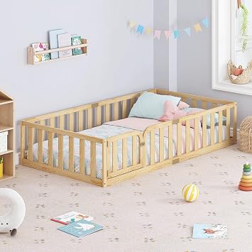 Spirich Twin Size Kids Floor Bed Frame with Fence and Door, Solid Wood Montessori Floor Bed for Kids Without Slats, Twin Bed Frame for Boys and Girls, Natural