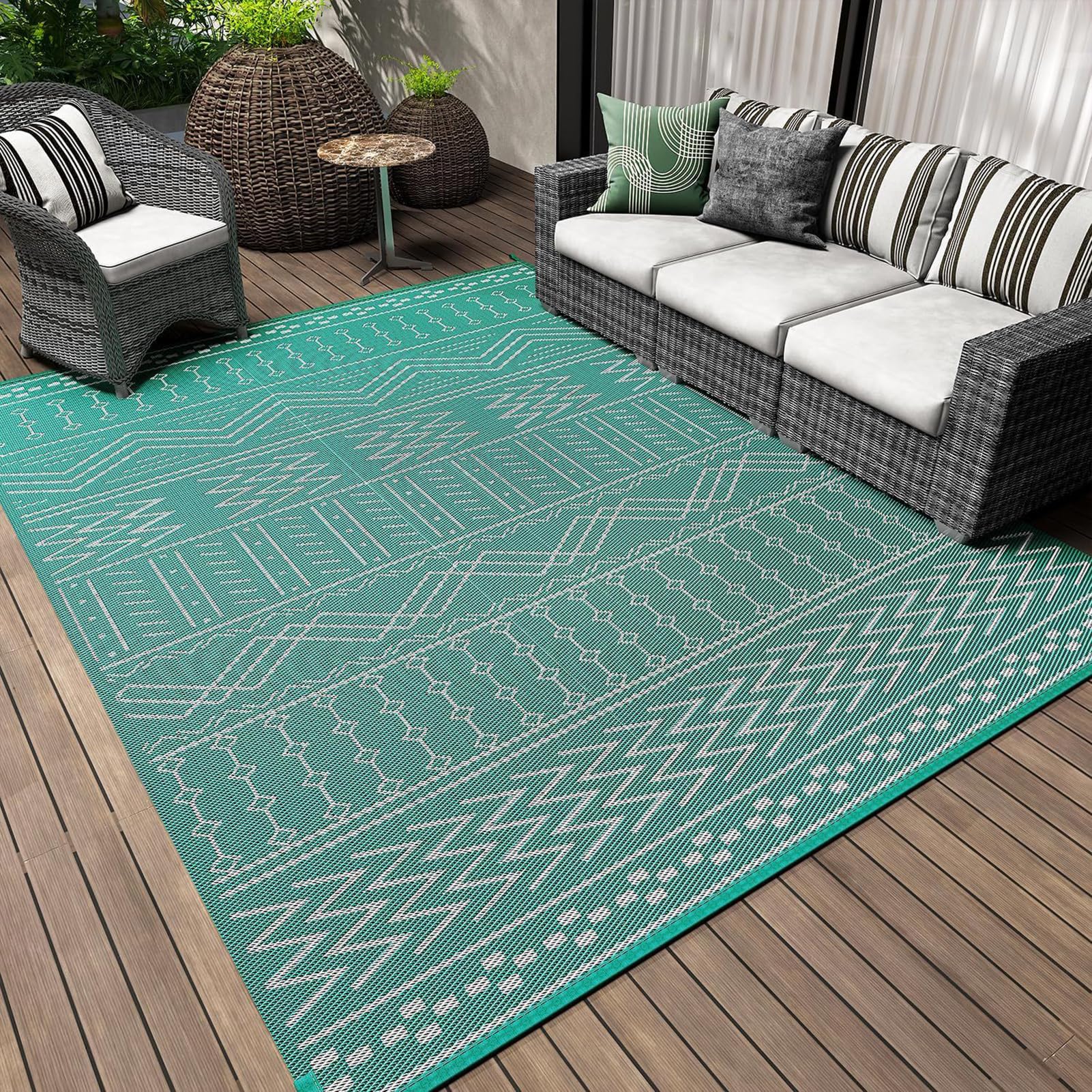 HGTRH Outdoor Rug Waterproof and Sunproof, Indoor Outdoor Patio Rugs, Non Slip Outdoor Carpet with Silicone Particles Bottom, Wasable Outside Rug for Patio, Yard, Garden, Easy Cleaning