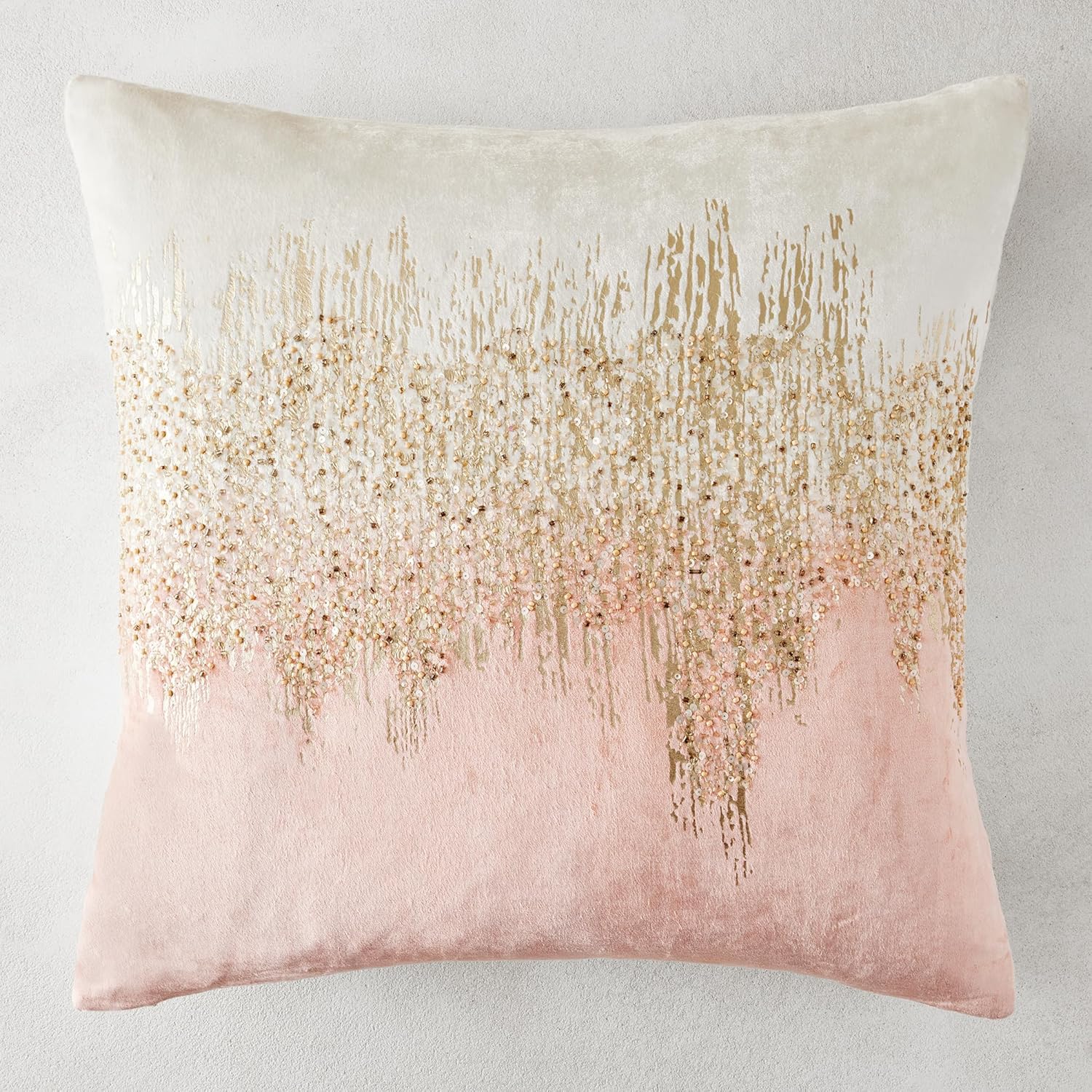 Z Gallerie Joie De Vivre Throw Pillow, Luxe Hand-Beaded Velvet Decorative Cushion with Ombré Effect & Metallic Foil Print, Premium Accent Soft Pillow for Sofa, Bed & Living Room, 22" x 22", Blush