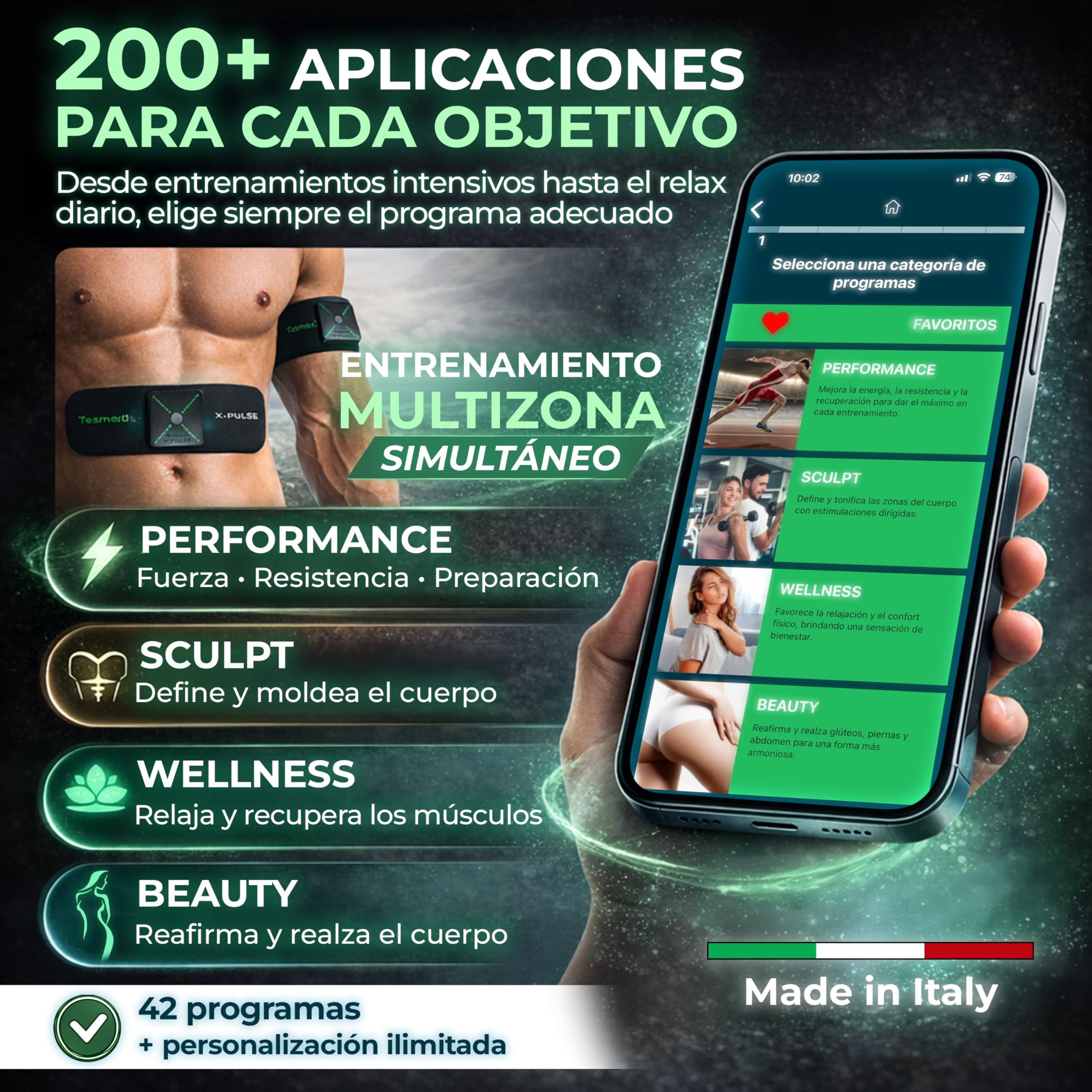TESMED X-Pulse Electroestimulador Muscular EMS Inalámbrico Recargable con App – 2 Dispositivos Incluidos, Programas Personalizables Ilimitados, Multi-Zona, 130 Niveles de Intensidad, El Más Potente