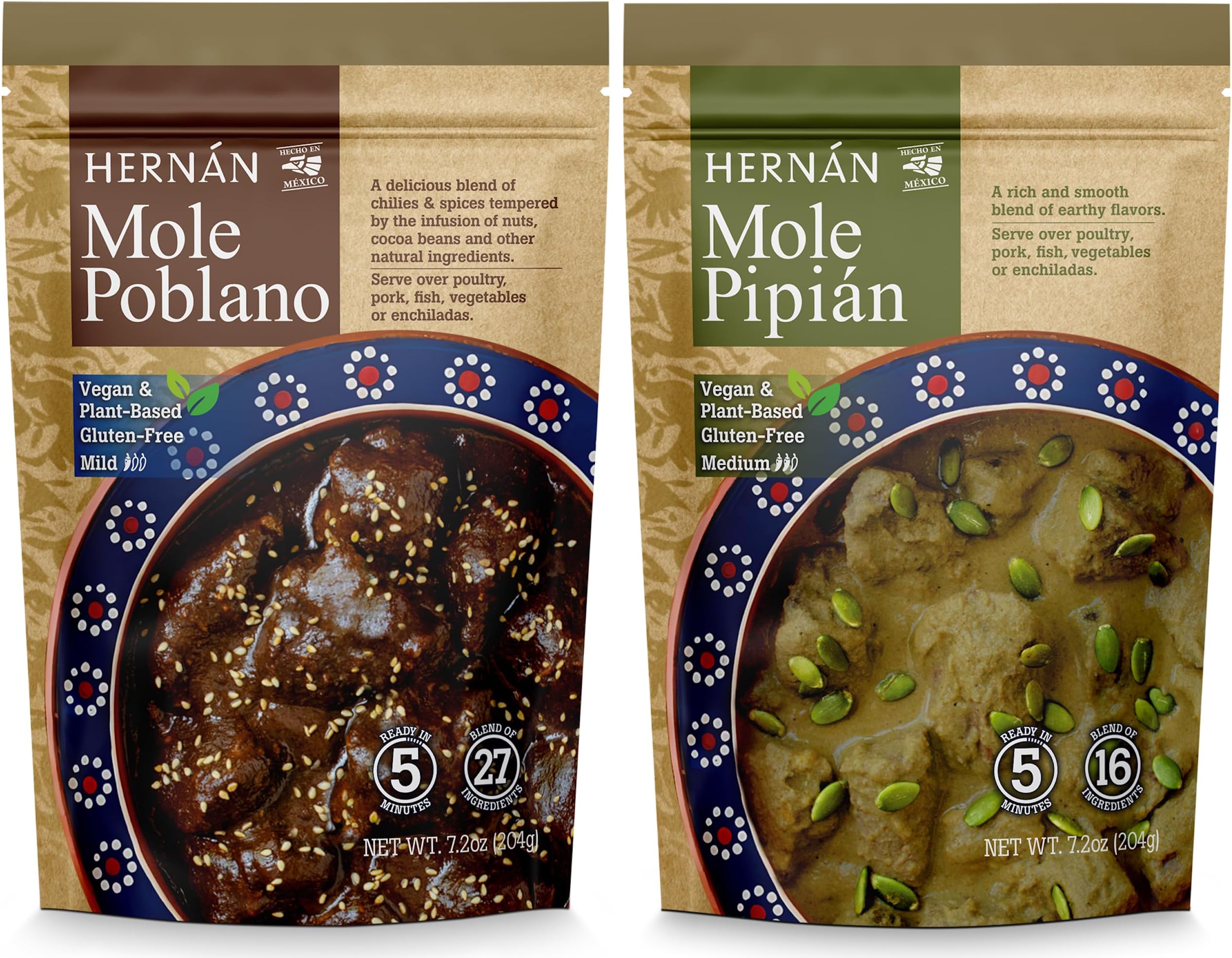 - Authentic Mexican Mole Pipián (1 Pack) & Mole Poblano (1 Pack) – Traditional Sauces Made in Mexico – Gluten-Free & Vegan, All-Natural Ingredients – Rich Chocolatey & Pepita Flavors