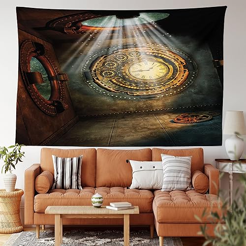 Miniatura 63 de Ambesonne Tapiz de fantasía, paisaje de fantasía con reloj, rayos de cielo de ensueño desde el techo, arte ficticio, colgante de pared ancho para