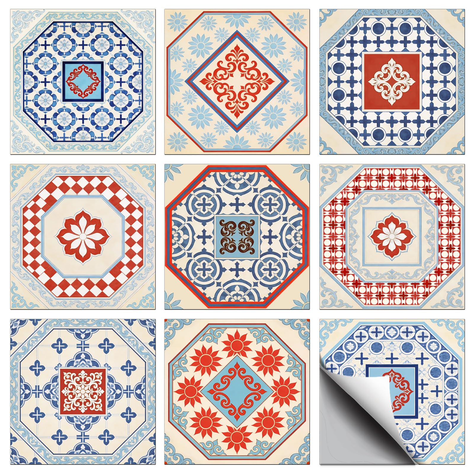 CONCHLERY 36 Pcs 9 Styles Retro Octagonal Geometric Pattern Peel and Stick Tile Stickers Waterproof Self Adhesive Decals, for Kitchen Bathroom Home Wall Art Decor 4x4 Inch — image 1