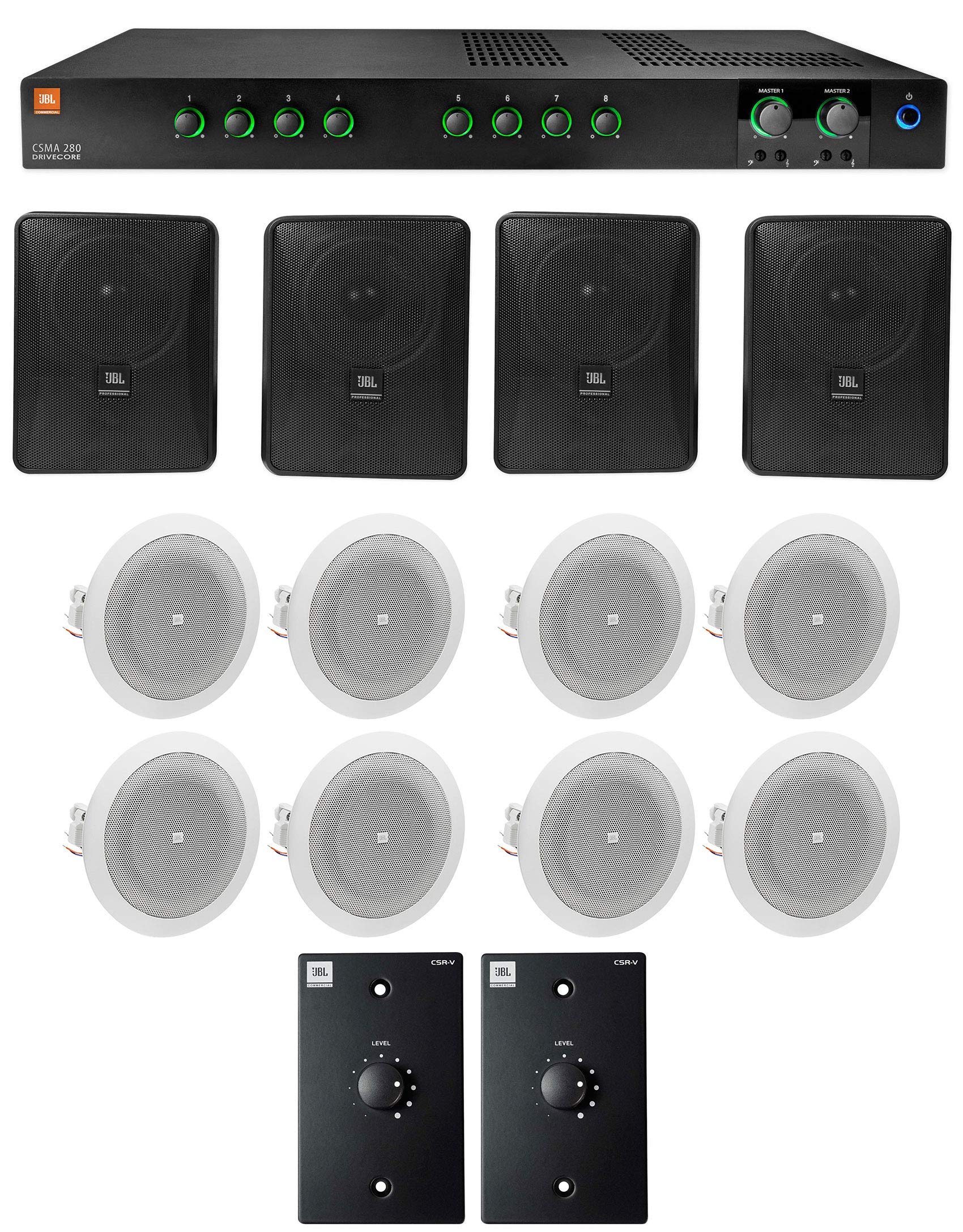 AudiosavingsBundle: (1) JBI CSMA280 Commercial Amplifier Bundle with (4) JBI Control 25-1 5.25" Wall-Mount Speakers + (2) JBI CSR-V Volume Controller and (8) JBI 8124 4" Ceiling Speakers (7 Items)