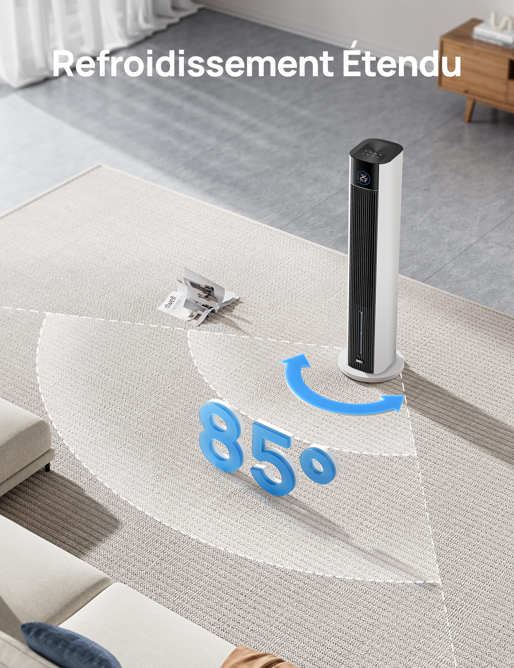DREO Ventilateur Tour avec refroidissement par eau, rafraîchisseur 110 cm, silencieux, 4 vitesses, 4 modes, évaporatif, contrôle app, bloc de glace, oscillation 80°, minuterie 12 h, blanc