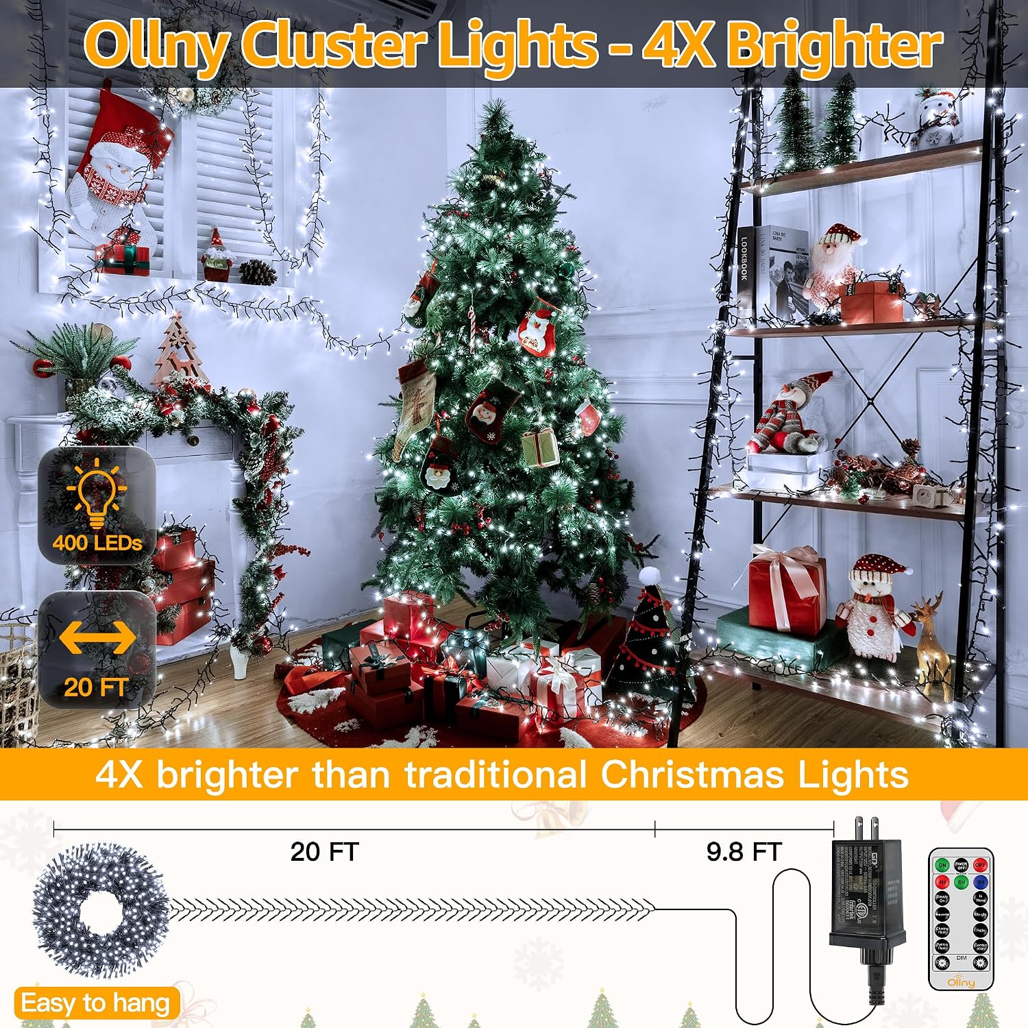 Ollny Cluster Lights Christmas 400LED 20FT, Cool White Christmas Tree Lights 8 Modes Timer Remote, Waterproof Connectable String Lights for Outdoor Indoor Outside Garland Xmas Decorations