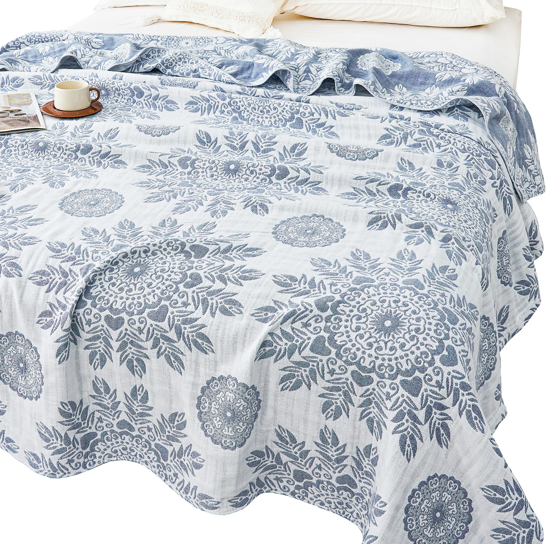 MEJU Feather Heart Boho Indian Blue Muslin All Season Blanket for Bed Sofa Couch 100% Combed Cotton 3 Layer Soft Warm Bedspread Throw Blanket Bed Coverlet Sheet Twin 60 in x 80 in