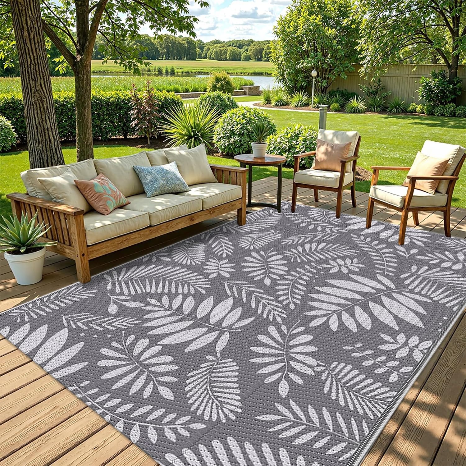 Dywanik na Patio 180x270 Duża Przenośny Plastikowy Dywanik Kempingowy z Wzorem Tropikalnych Liści Ogrodowy Dywanik Wodoodporny Dwustronna Mata na Taras,Piknik,Balkon,Basenie,Szaro-Biały