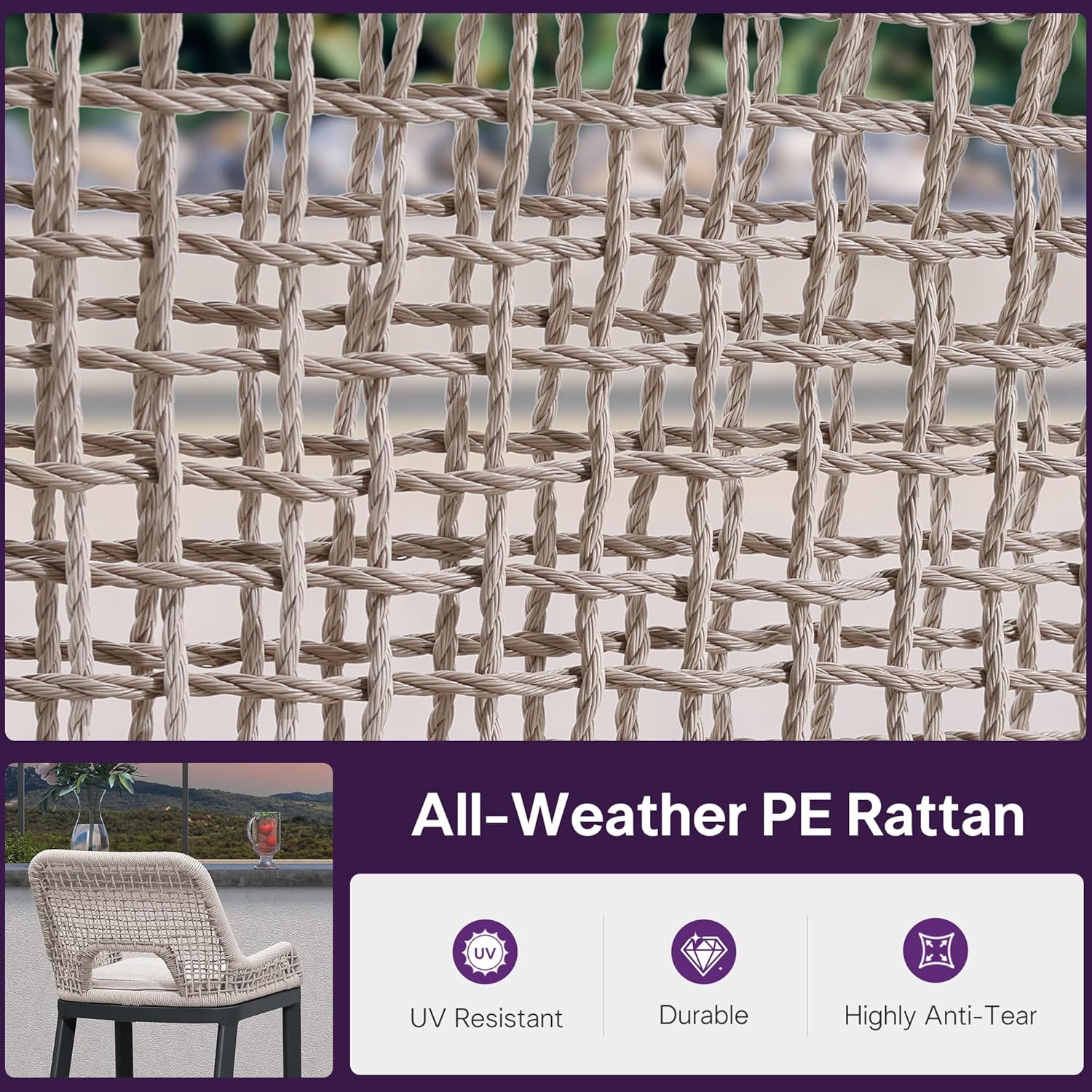 PURPLE LEAF Bar Stools Set of 4 Bar Height Metal Bar Chairs with Back Modern Tall Comfy Wicker Woven Boho Garden Pool Patio Outdoor Barstools, Dark Grey