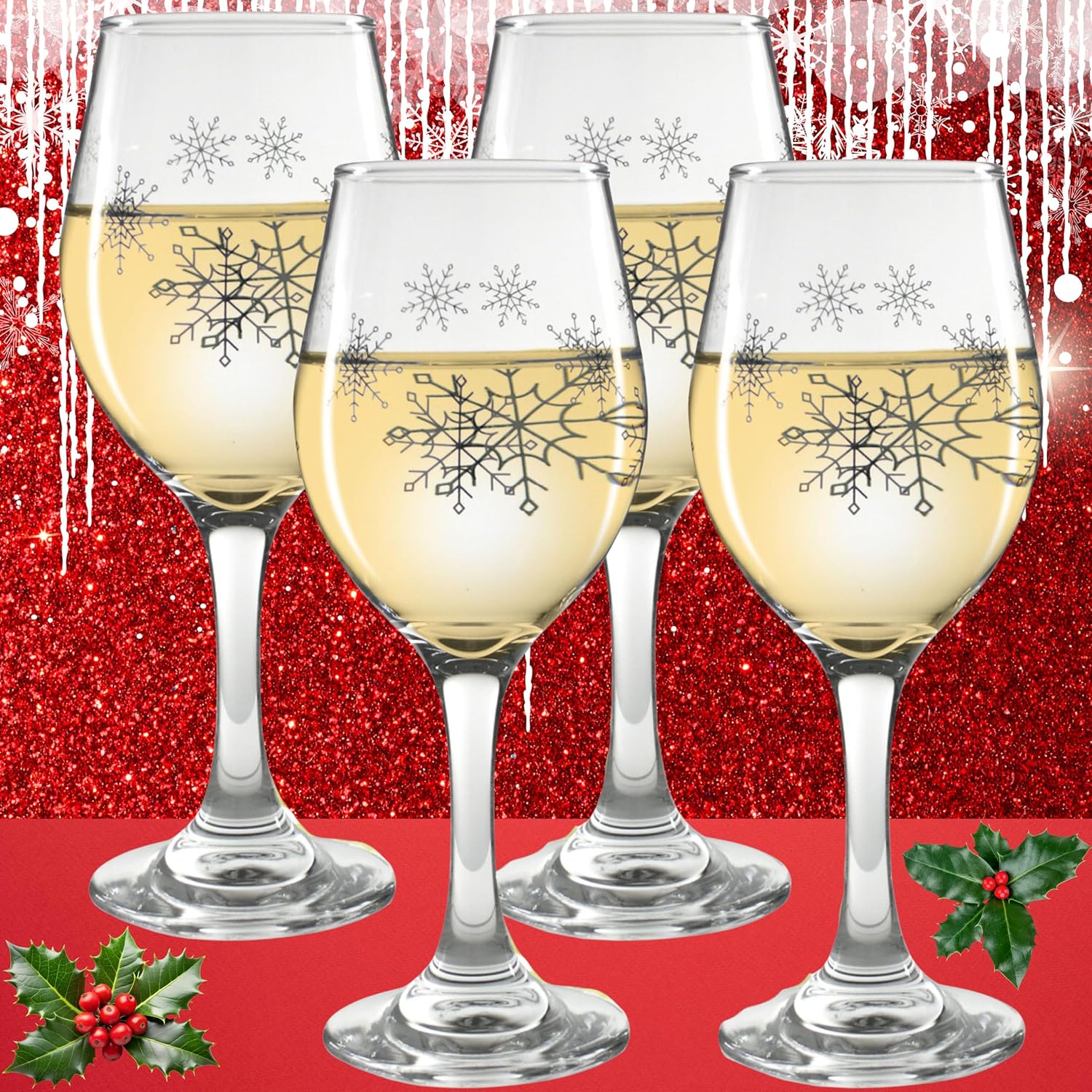 Snowflake Wine Glasses - Stemmed Wine Glasses with Silver Snowflake Designs Printed on each Side - Set of 4-7.75" H - 12 oz Capacity