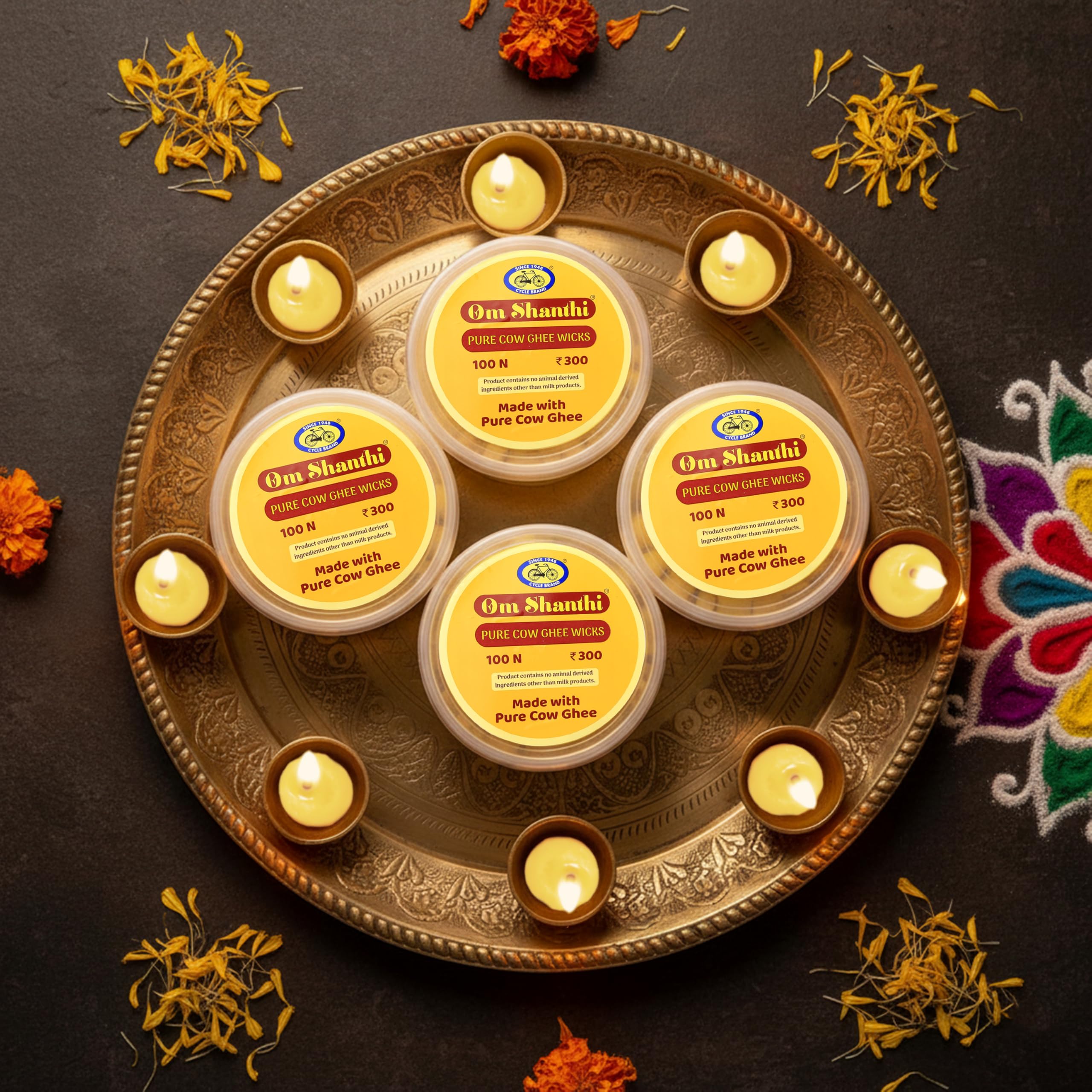 Cycle Pure Om Shanthi Pure Cow Ghee Wicks – Ready-to-Light Diya Battis | Wax-Free, Long-Lasting, Easy to Use | for Daily Puja, Aarti & Festivals | Pack of 4 (100 Wicks Per Pack)