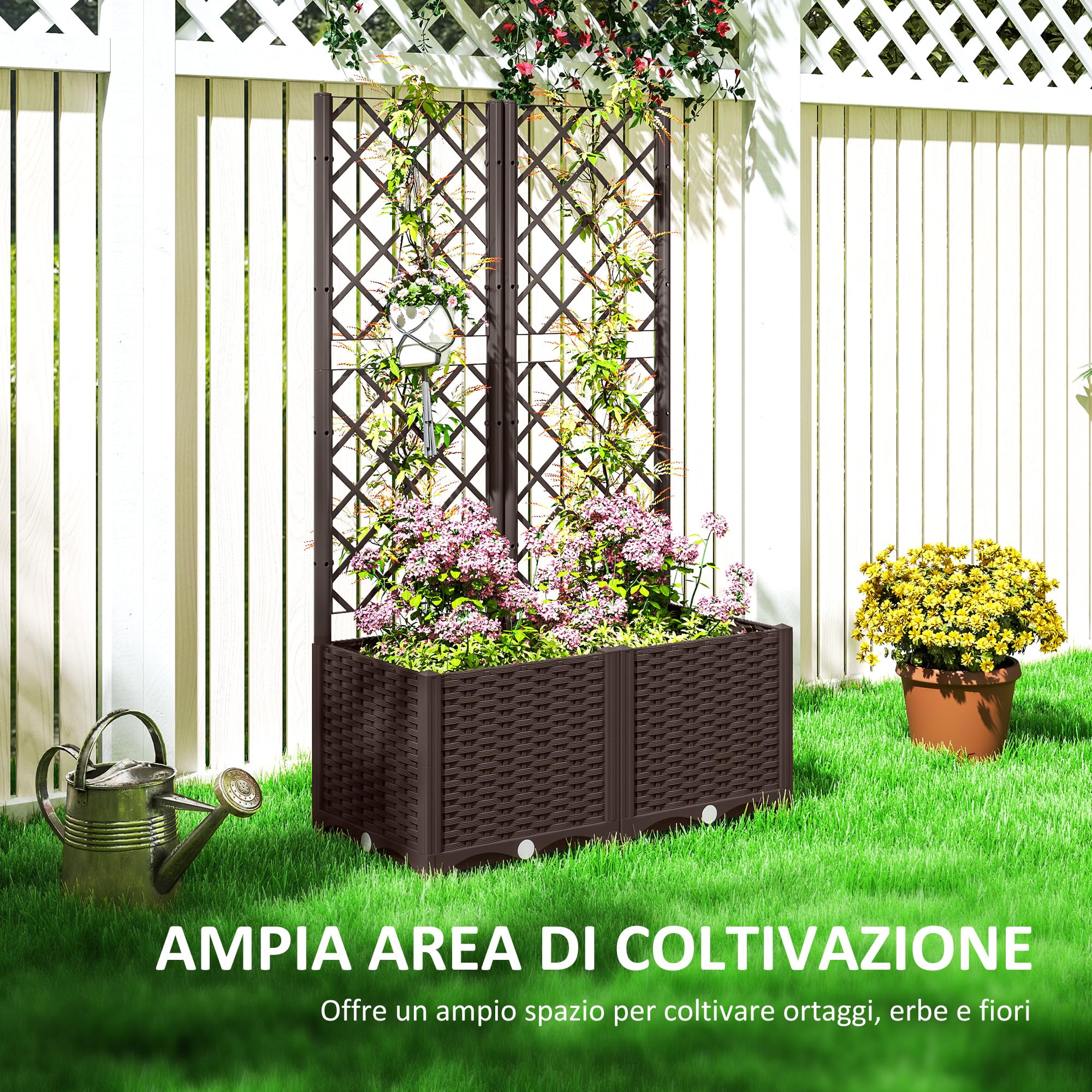 Outsunny Letto per Orto Rialzato da Esterno in PP 80x40x135 cm Marrone | Grigliato, 6 Fori di Drenaggio, Fioriera da Esterno per Piante Rampicanti, per Fiori e Verdure, per Giardino e Balcone