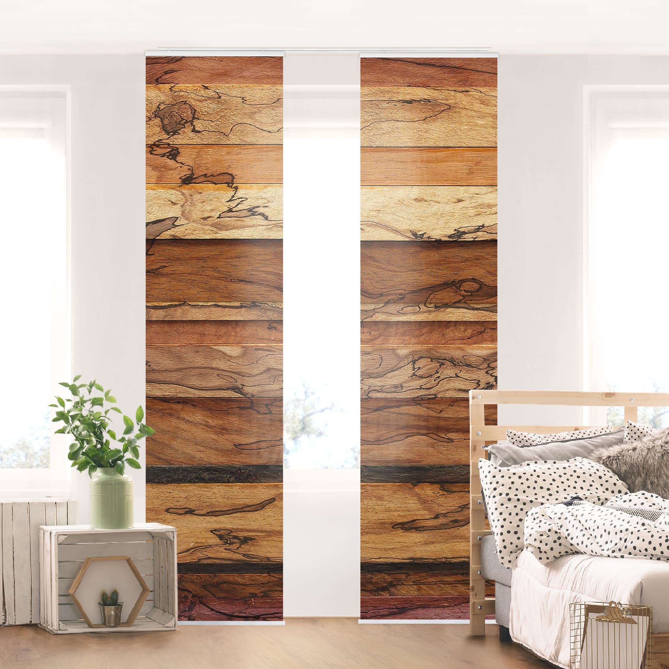 Schiebegardine halbtransparent 60er Paneel Klett Holzoptik Textil lichtdurchlässig - Motiv Modern Flächenvorhang Wohnzimmer Schlafzimmer 1787 (120x250 cm - 2er Set)