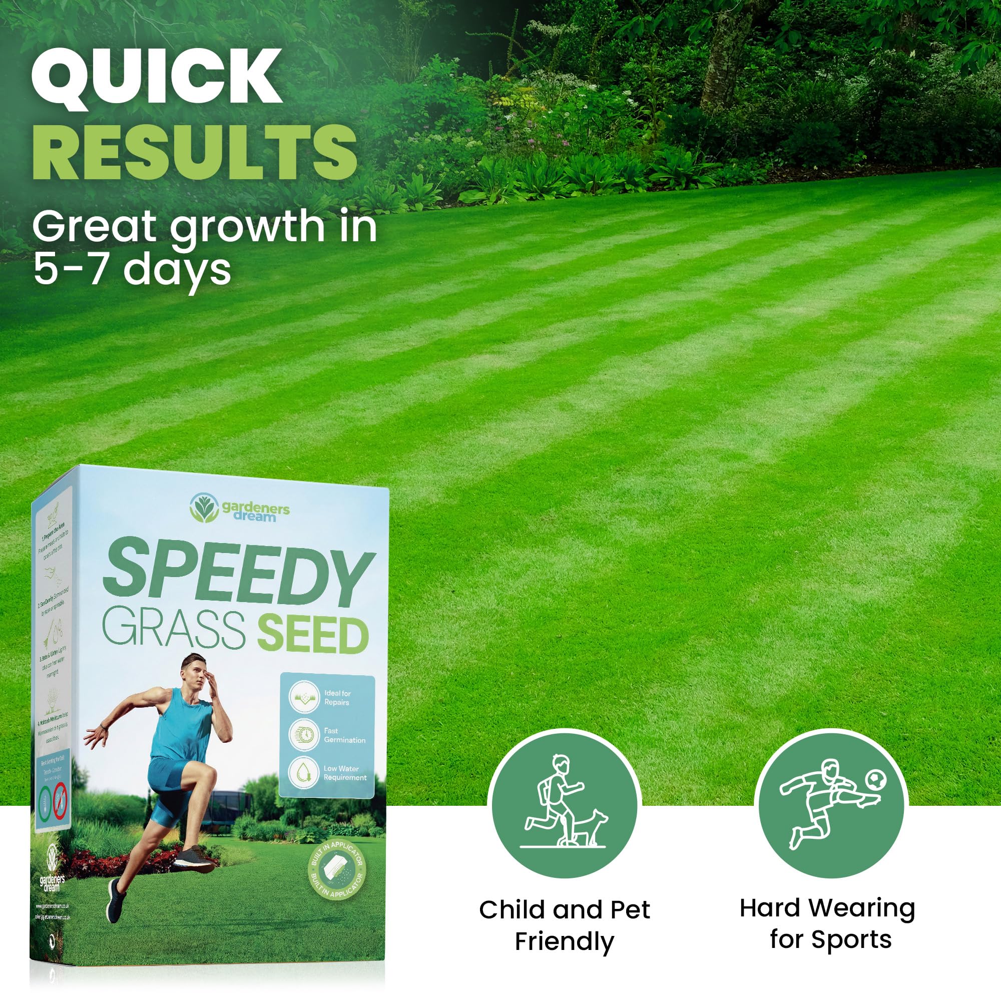 GardenersDream Speedy Lawn Grass Seed – Fast Growing Year Round Lawn Seed, DEFRA Approved – Hard-Wearing Mix for Overseeding – Ideal for UK Climates, Rapid Germination (1.4kg, 84 sqm) - 2