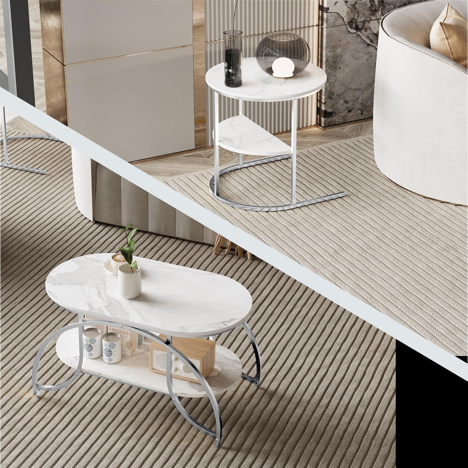 Lot de 2 Tables Basses, Table Gigogne Design Marbre, avec Espace de Rangement, Cadre en Métal, pour Canapé, Salon, Chambre (Argent + Blanc, 80x46x45 cm)