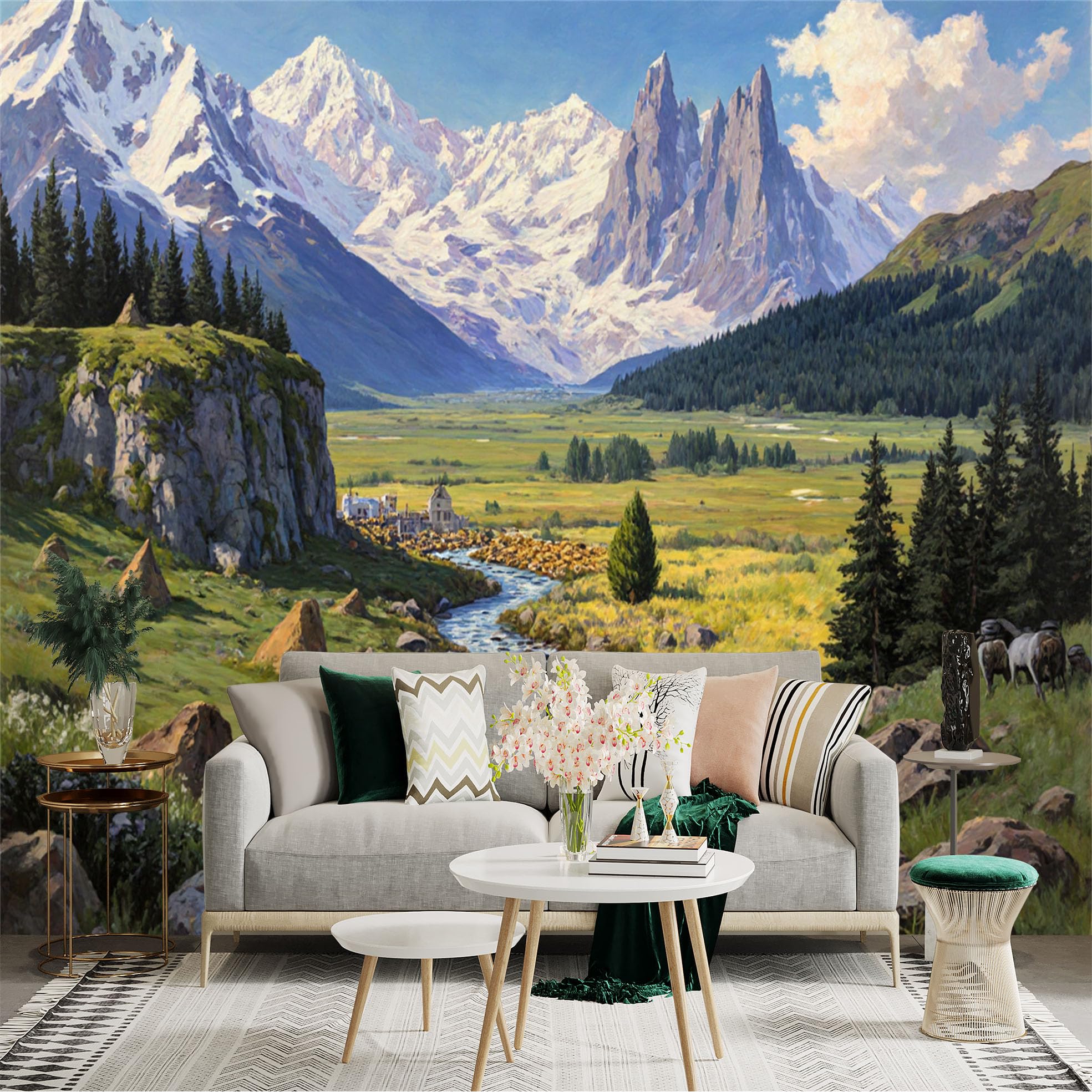 Custom Size Wall Sticker Mural， Mountain Landscape with Snow Peaks River Valley and Pine Forest， for wall Decoration， peelandstick wall Decals.