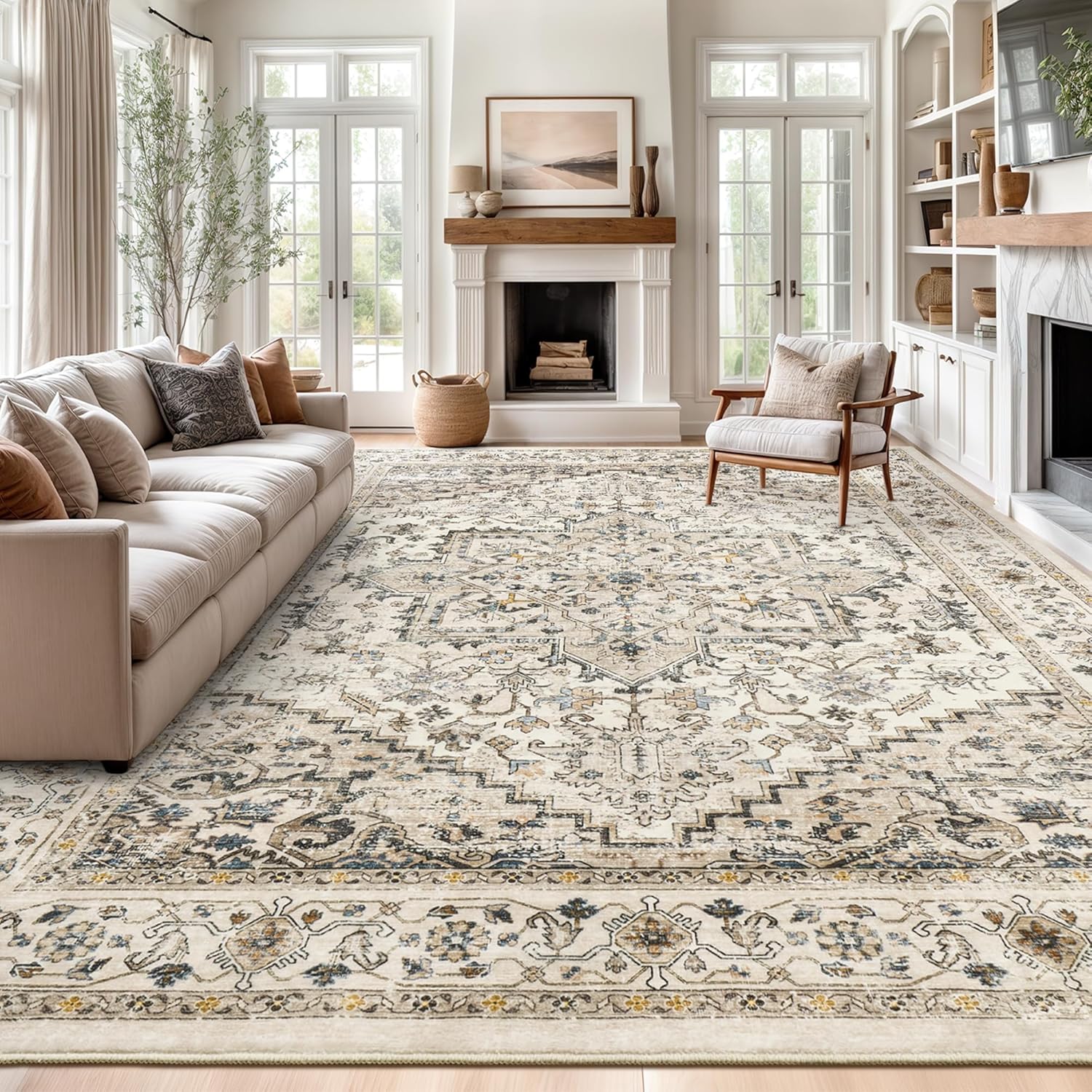 10x14 Area Rugs for Living Room, Vintage Extra Large Area Rug for Bedroom, Office, Kids Room, Super Soft Low Pile Indoor Farmhouse Rugs, Floral Anti-Slip Carpet Home Decor(Brown,10'x14') Brown 10' x 14' (Rectangular)