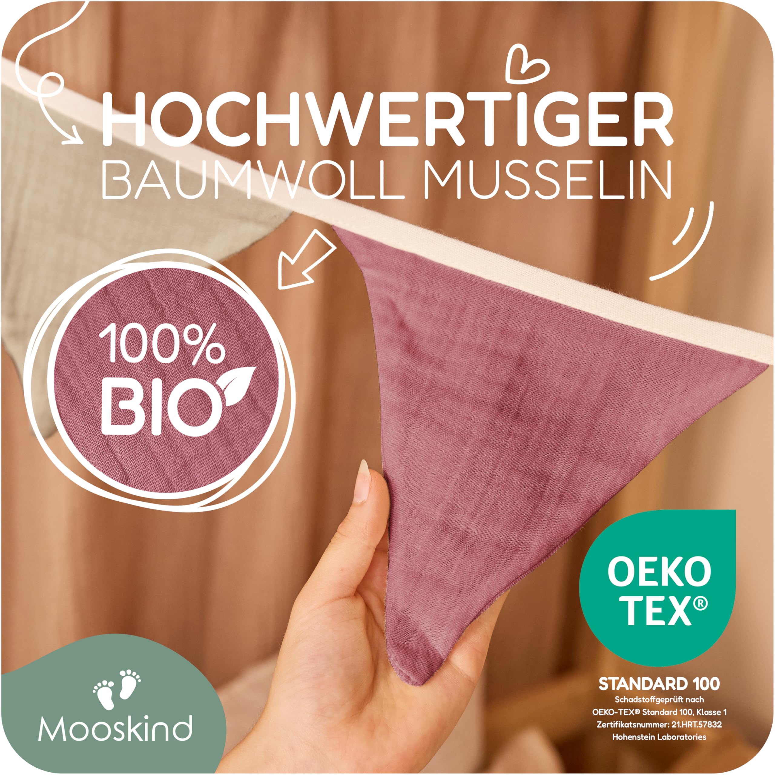 Wimpelkette Stoff [in 3 Farben] – Girlande Kinderzimmer aus 100% Bio-Baumwolle – Handmade Wanddeko für Babyzimmer & Hausbett – Wimpelgirlande für Mädchen & Jungen – Musselin Deko