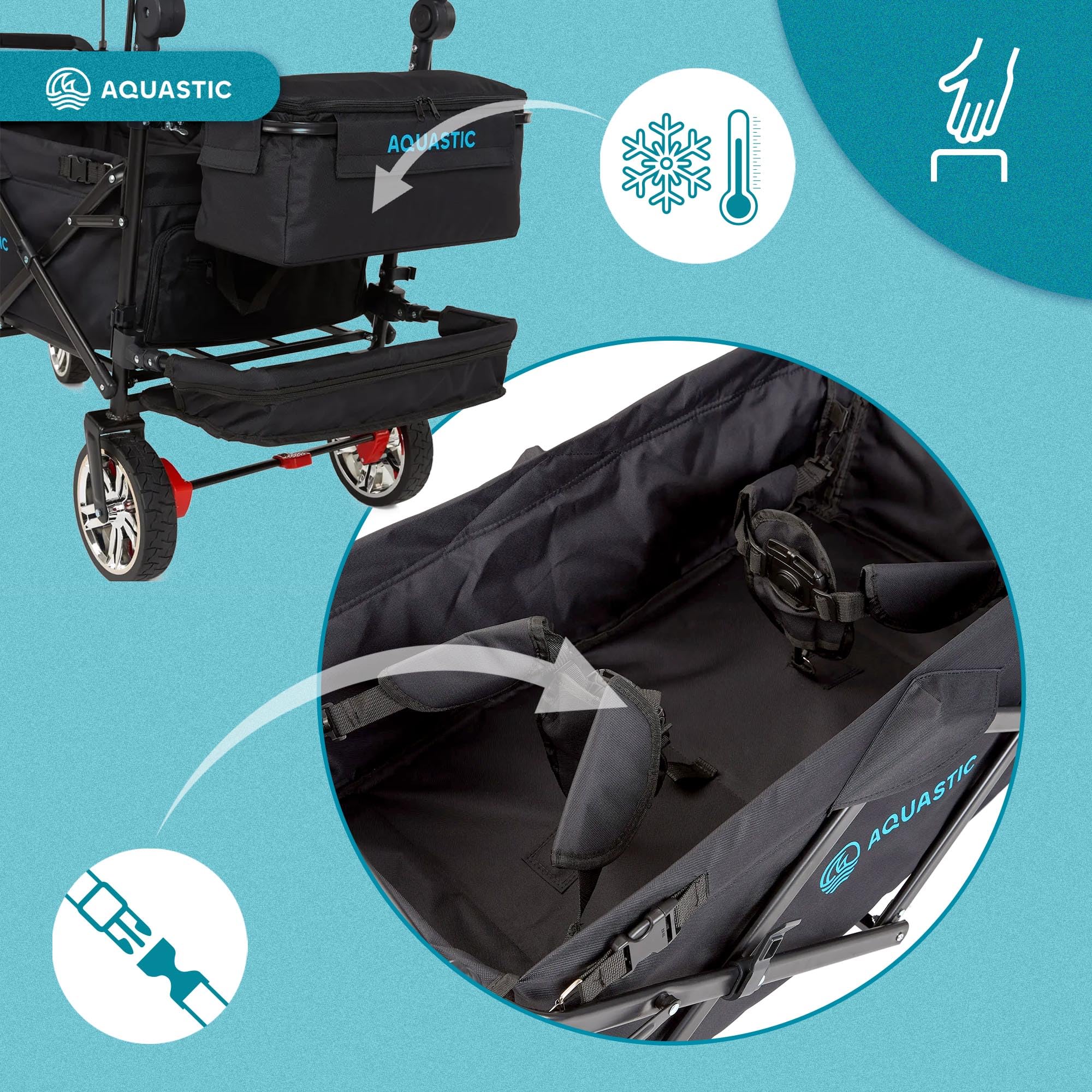 AQUASTIC Składany wózek transportowy 109 l, obciążenie 90 kg, szerokie gumowe koła z hamulcami, baldachim, uprząż, torba izolowana i pokrowiec - czarny